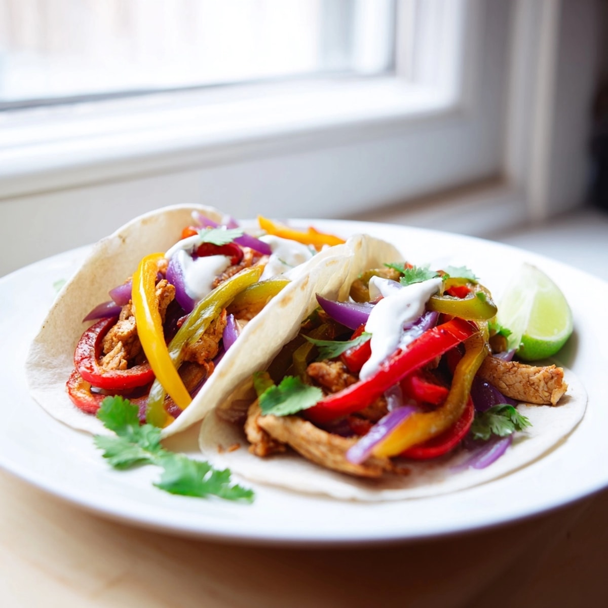 Easy Chicken Fajitas recipe served with creamy lime crema, topped with fresh cilantro.
