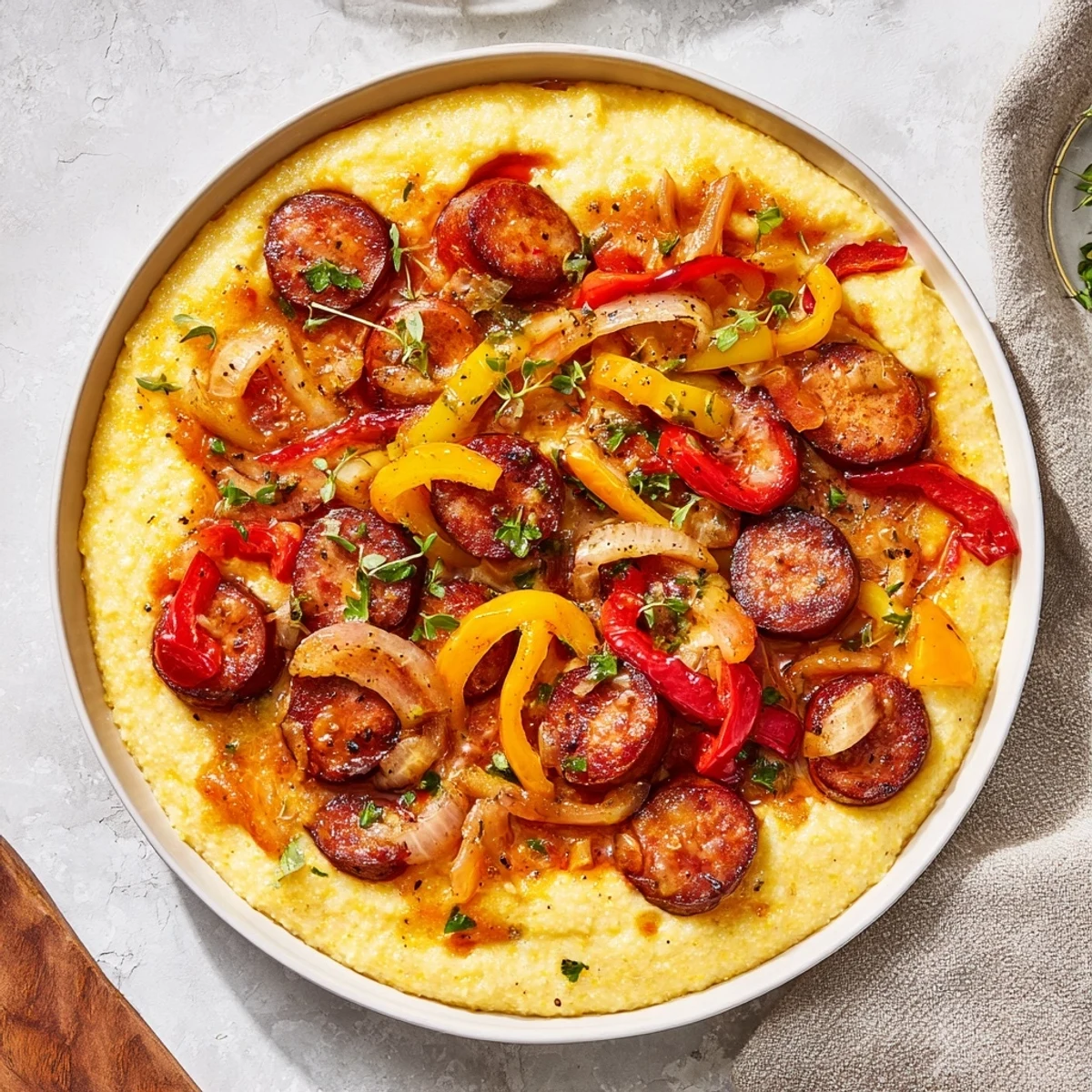 Herb-Cozy Skillet Sausage and Peppers with Creamy Polenta: a warm, hearty meal with vibrant peppers and Italian sausage.