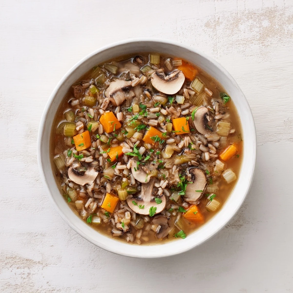 Hearty and rustic Wild Mushroom and Barley Soup boasts a savory aroma and comforting texture.