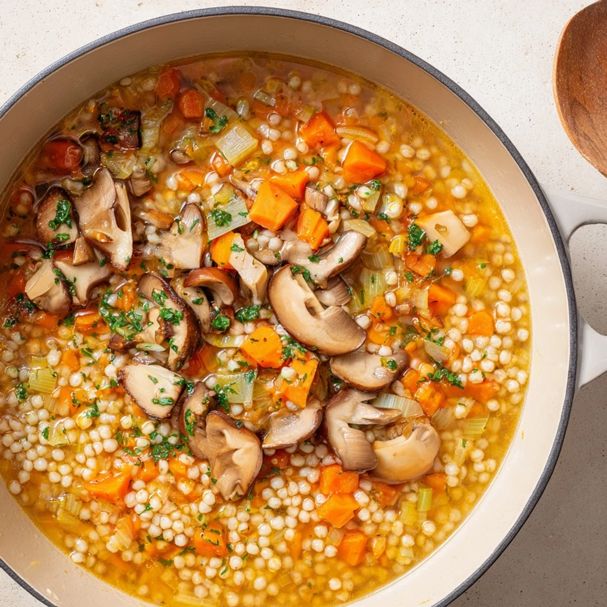 Close-up of a rich, earthy Wild Mushroom and Barley Soup, perfect for a cozy, vegetarian dinner.