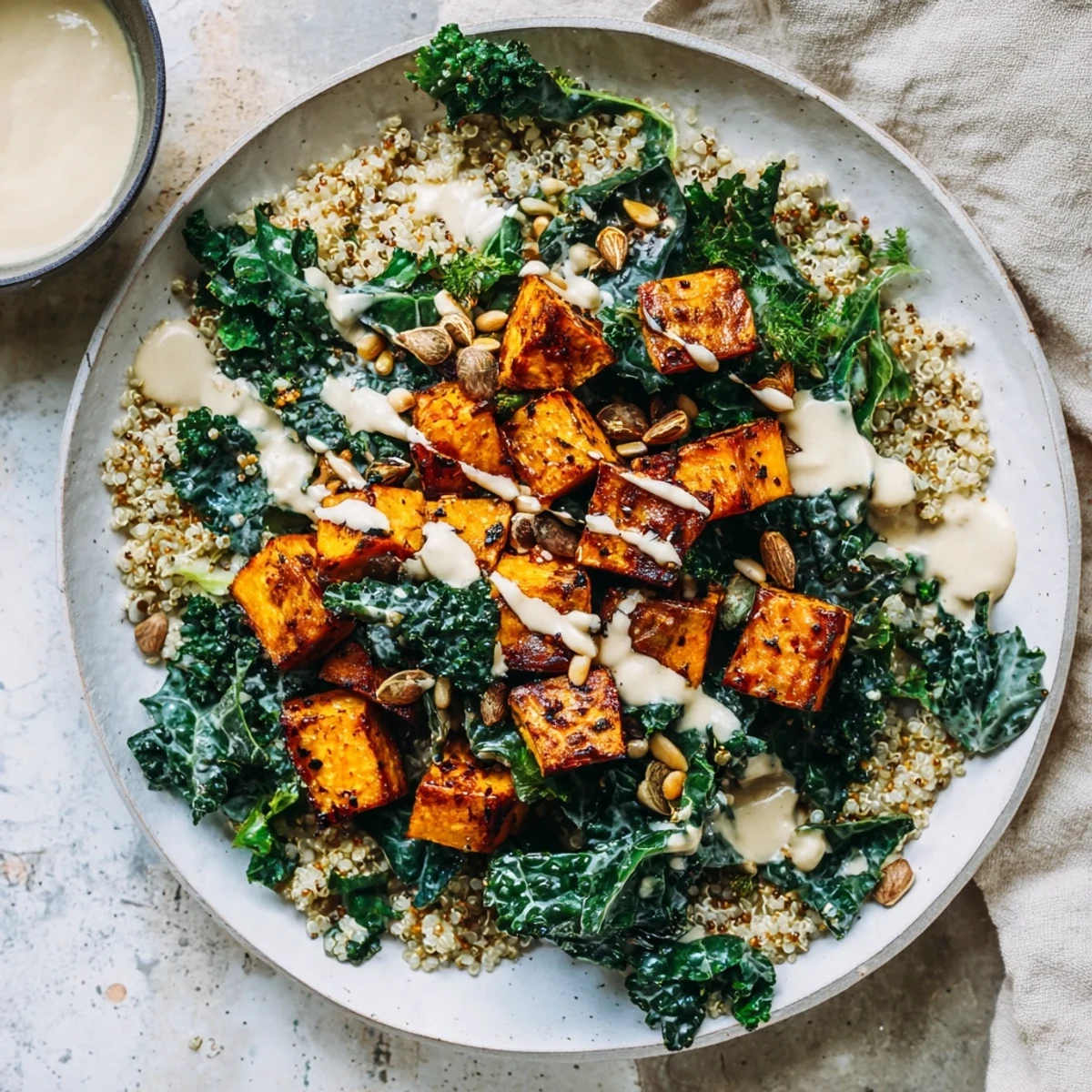 Light Coastal Bowl bright with fluffy quinoa, roasted sweet potatoes, and green kale, ready to eat.
