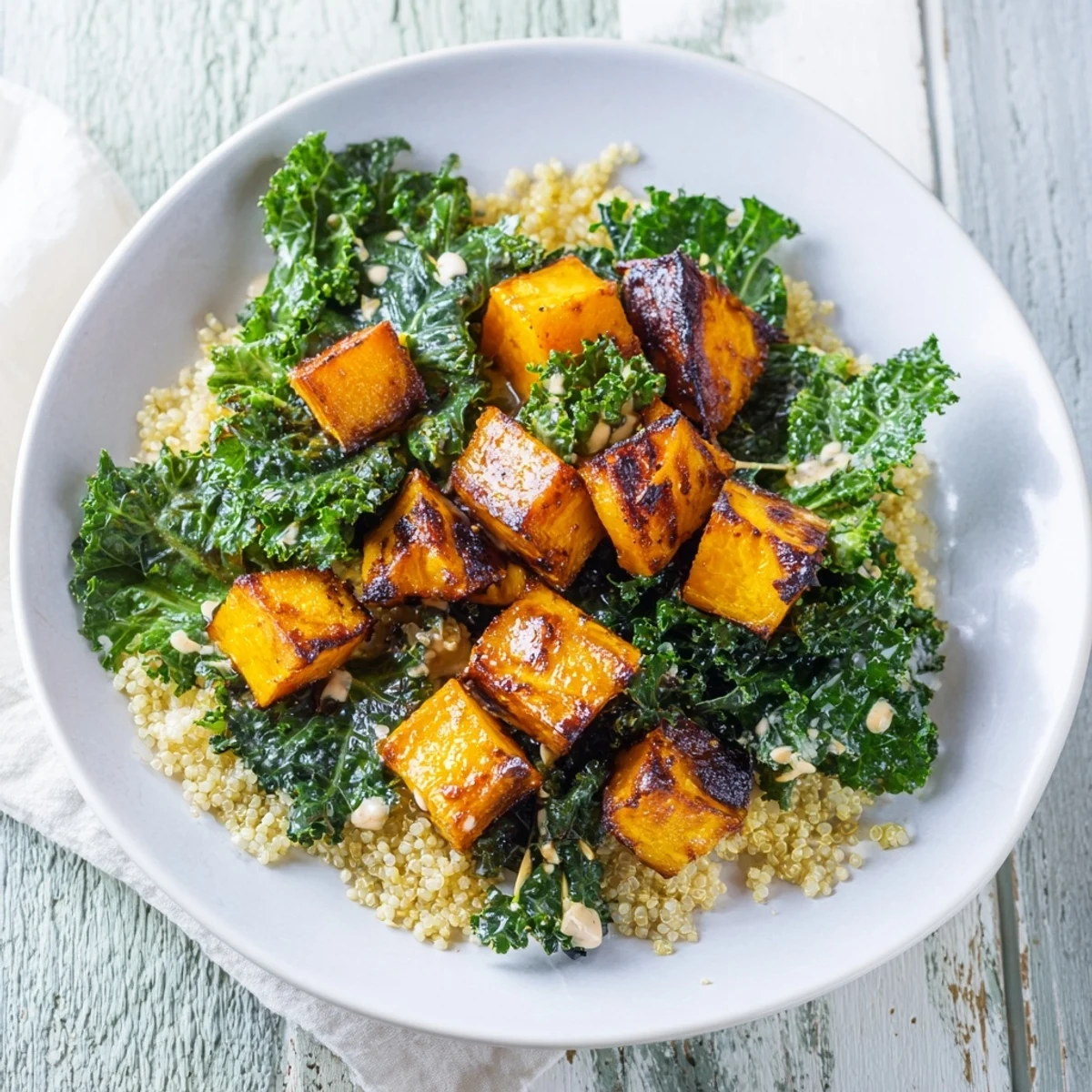 A delicious Light Coastal Bowl featuring tender sweet potatoes and a creamy lemon-tahini dressing for a healthy meal.
