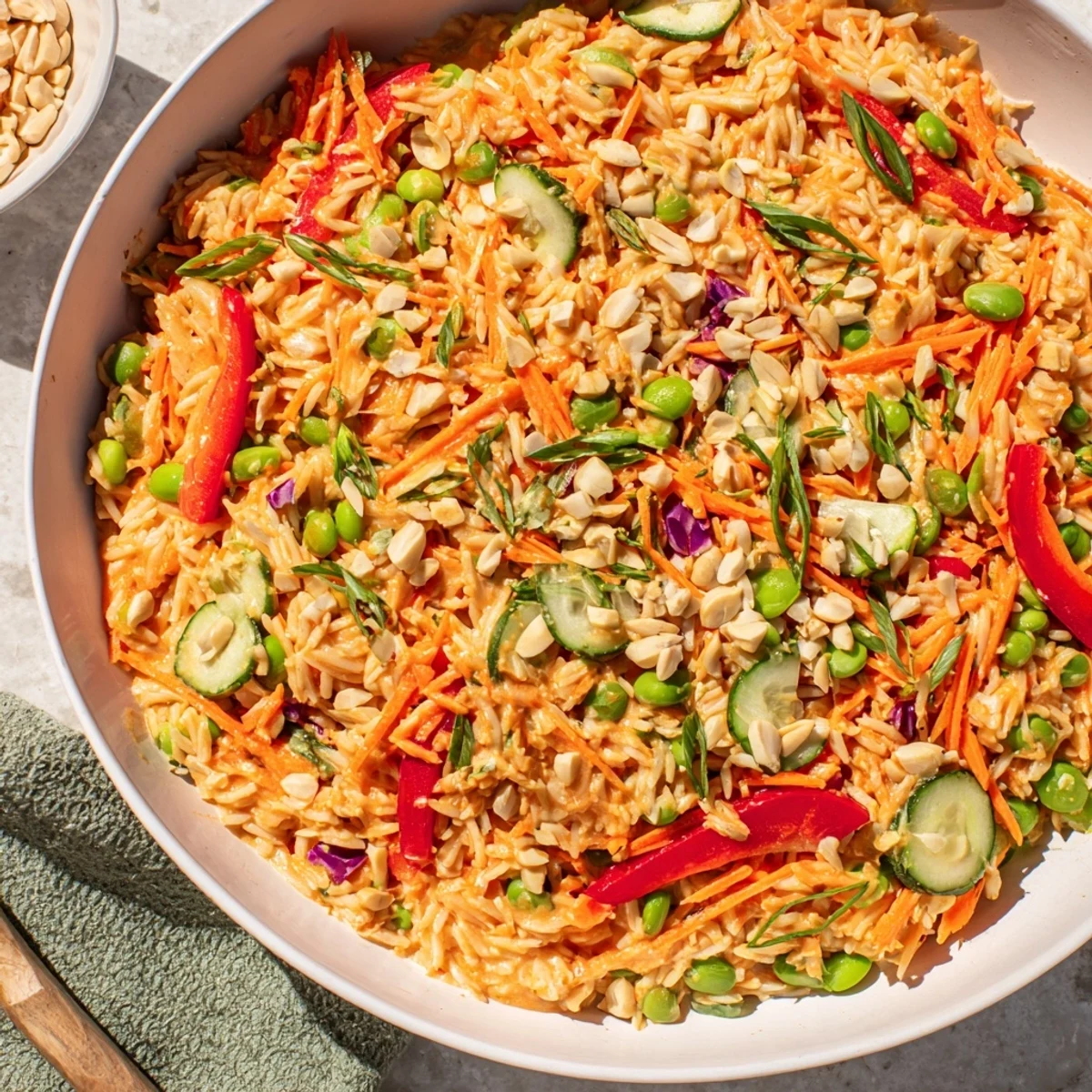 Vibrant Spicy Peanut Noodle Salad, tossed with fresh veggies and creamy, flavorful peanut dressing.