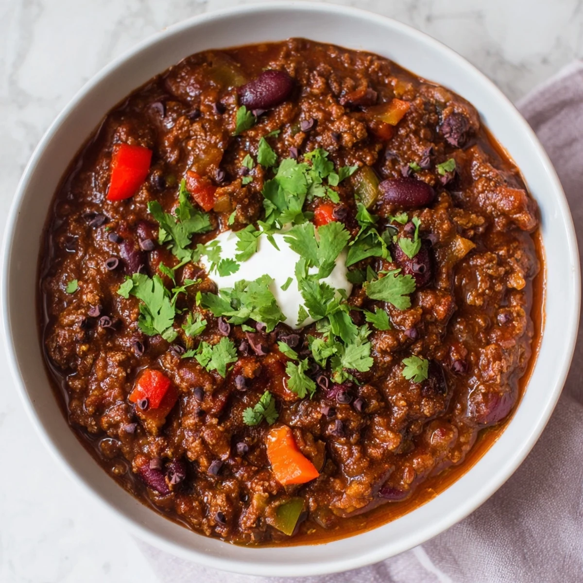 A steaming bowl of one-pot cozy chocolate chili, rich with beans, beef, and cocoa nibs.