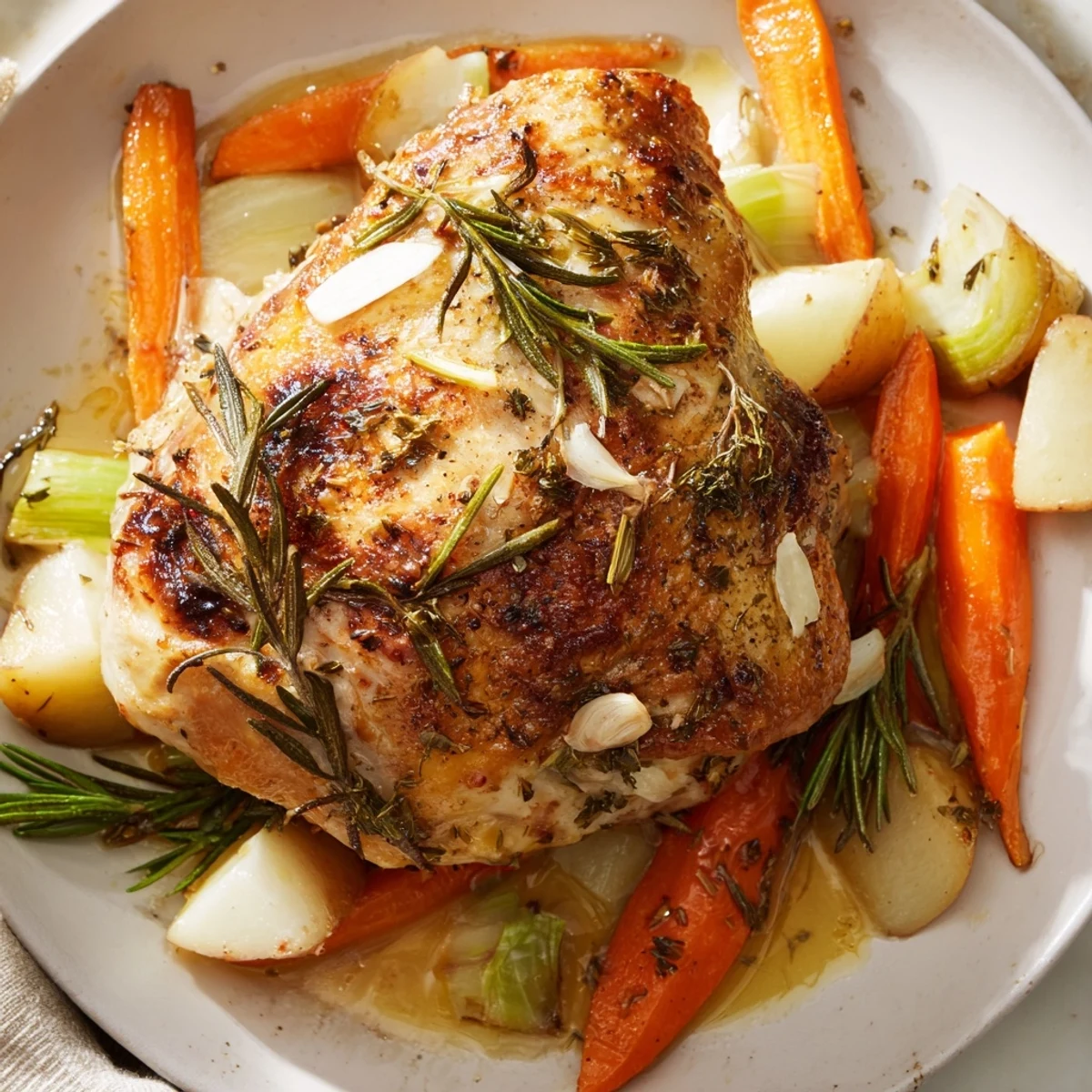 Golden-brown Roast Chicken, perfectly cooked, surrounded by rosemary and garlic, ready to serve.