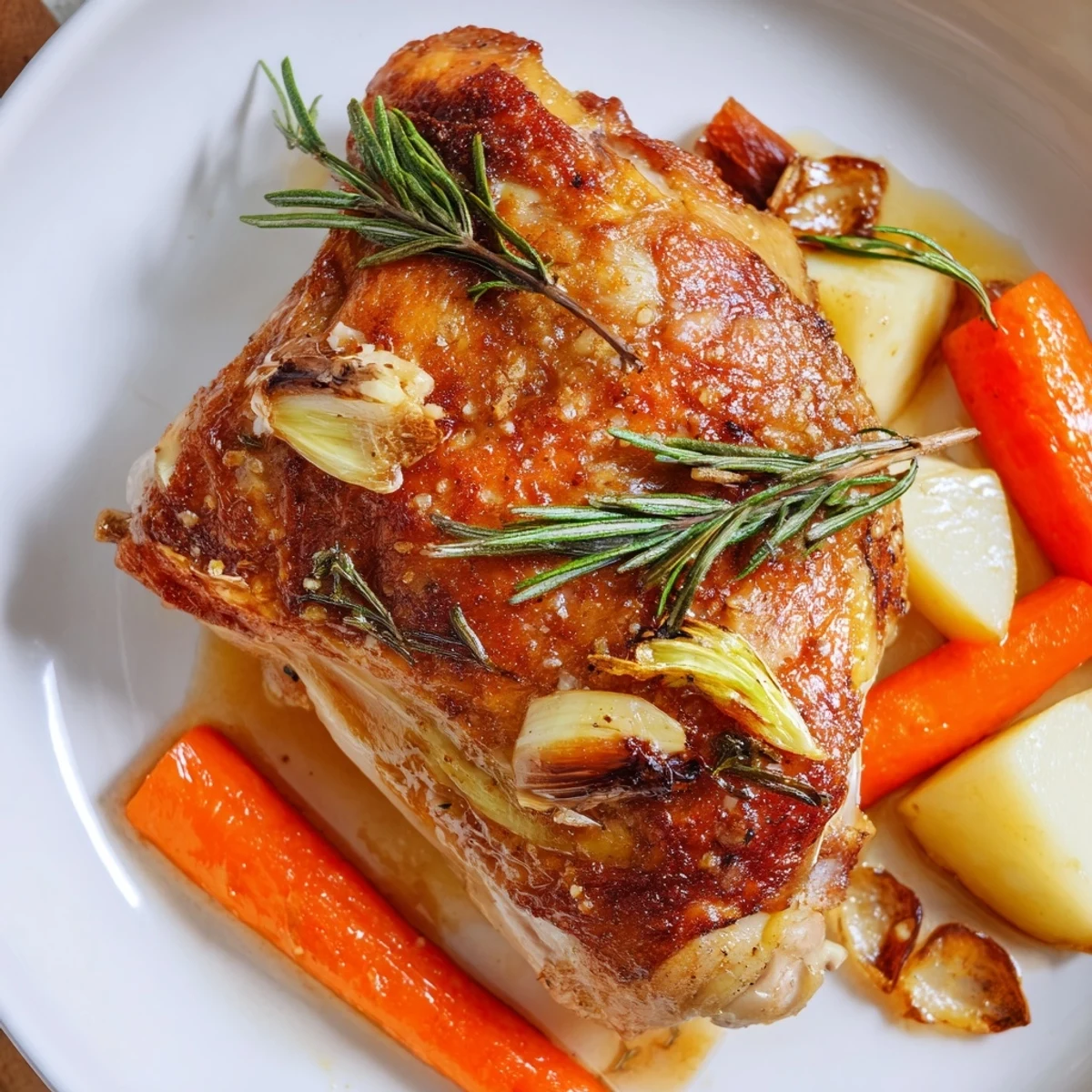 Tender Roast Chicken with Rosemary and garlic; the crispy skin suggests delicious flavors in every bite.