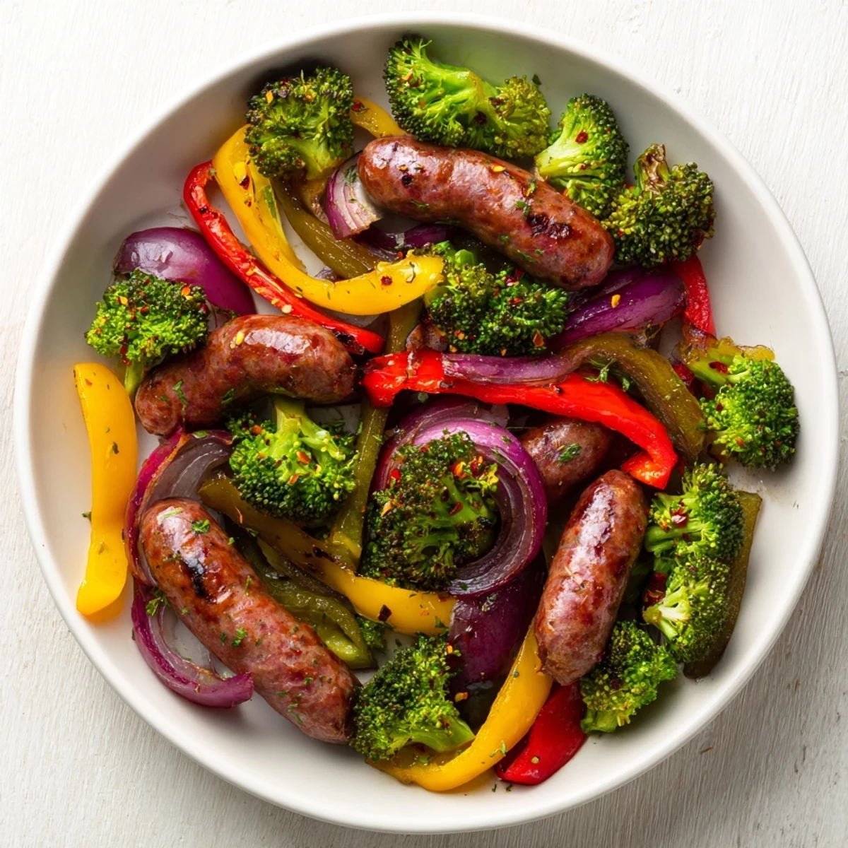 Golden-brown Simple Rustic Sheet-Pan Sausage with tender roasted vegetables, perfect for a flavorful weeknight meal.