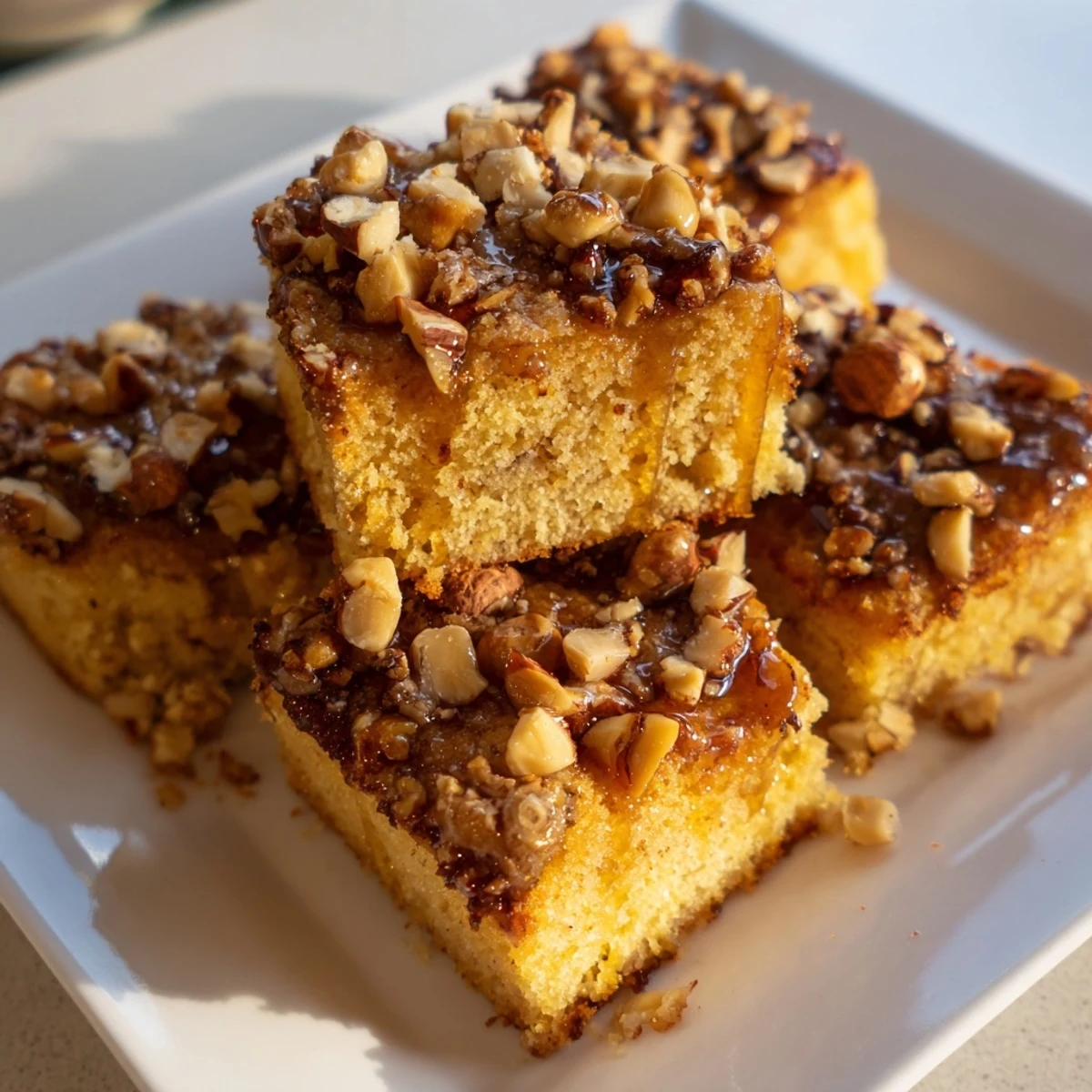 Golden, perfectly-cut Light Sweet Hazel Treats: Hazelnut and Honey Cake Squares, drizzled with honey, ready to eat.