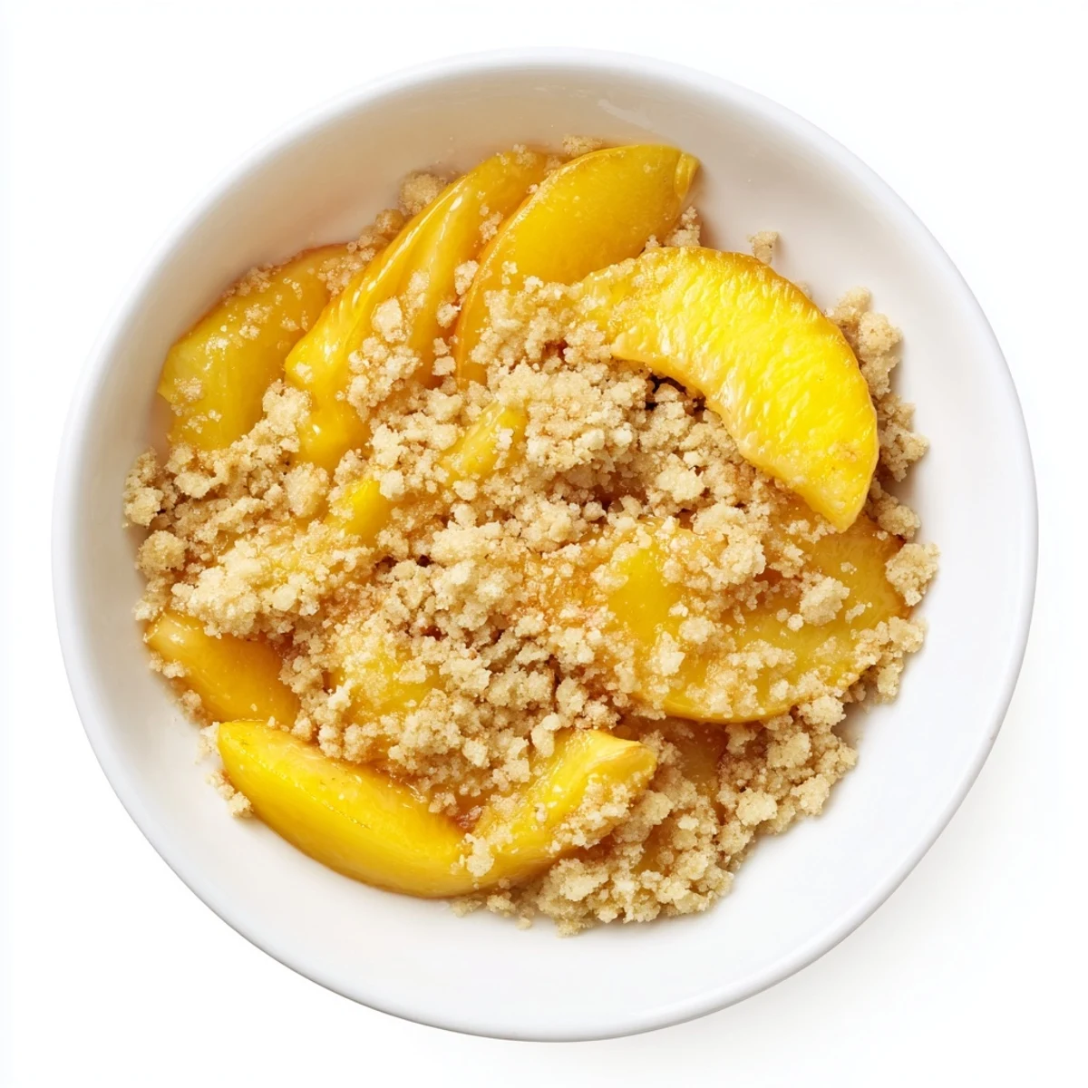 Golden-brown Peach and Ginger Crumble, bubbling hot from the oven, ready for serving with ice cream.