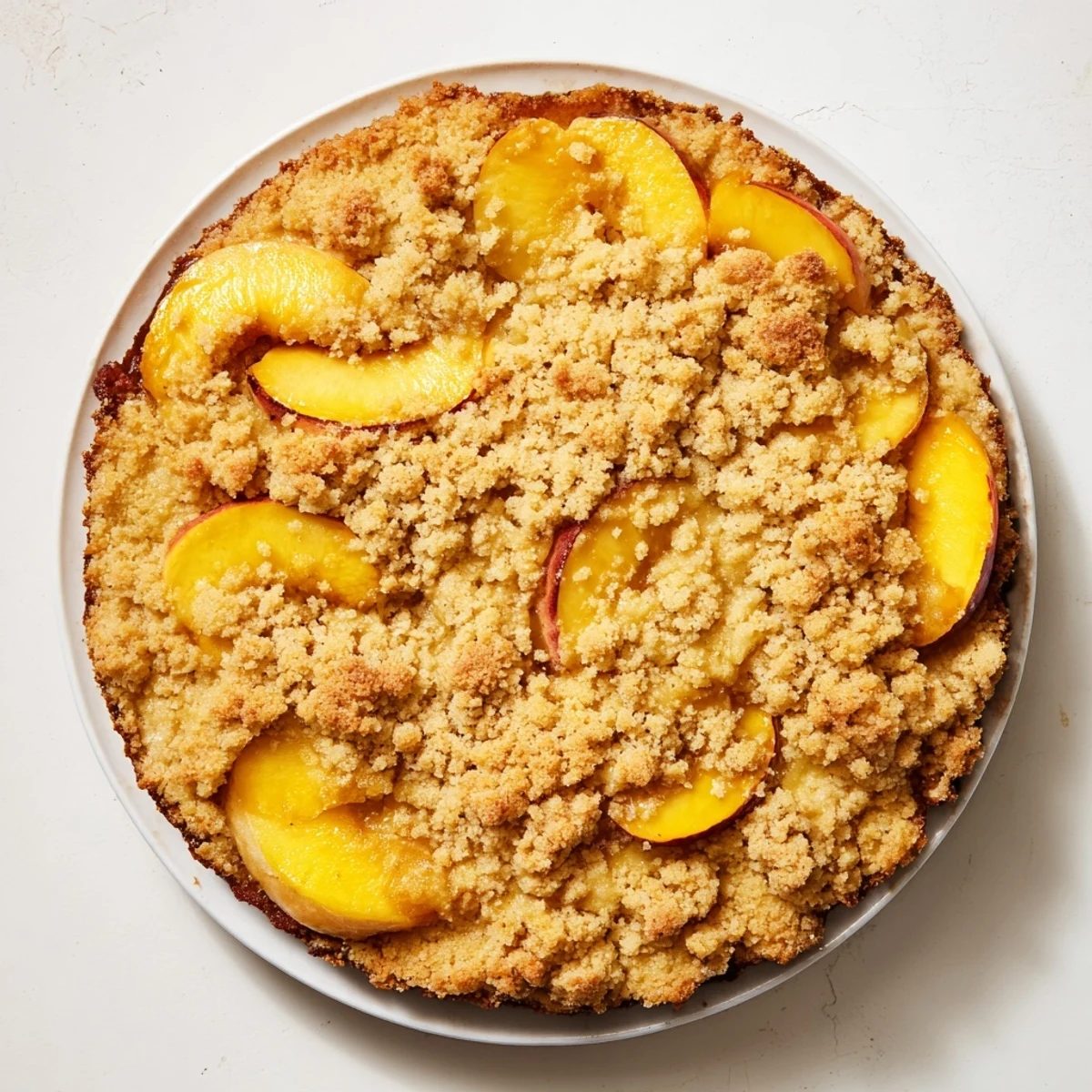 Sweet, spiced Peach and Ginger Crumble with a crisp, buttery topping; perfect cozy dessert.