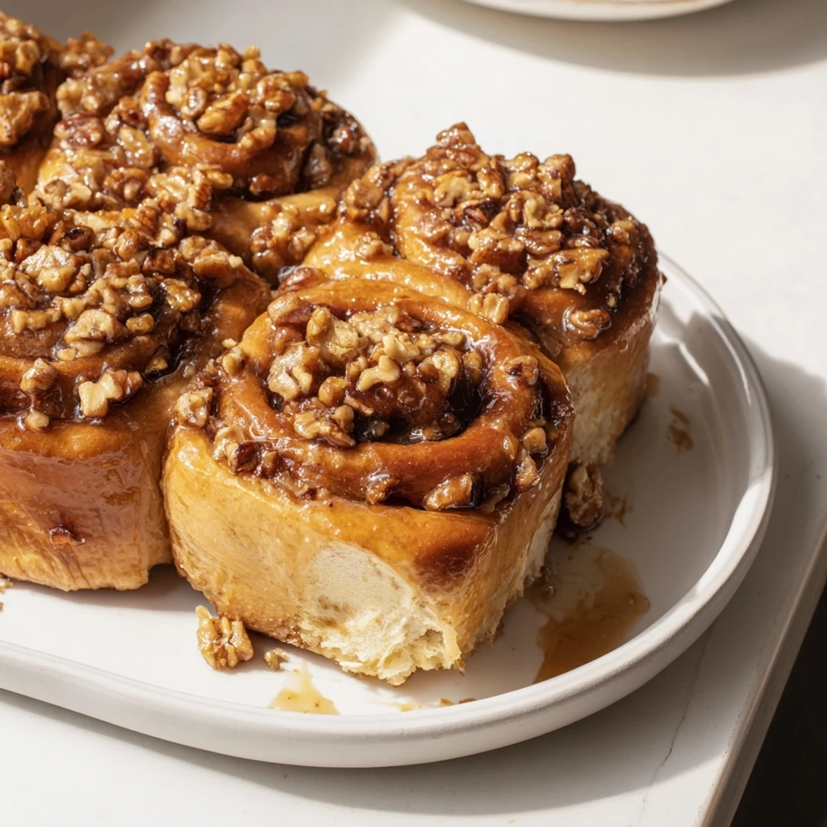 Warm, soft Maple Pecan Sticky Buns, showcasing a spiral of cinnamon-pecan filling, ready to serve.