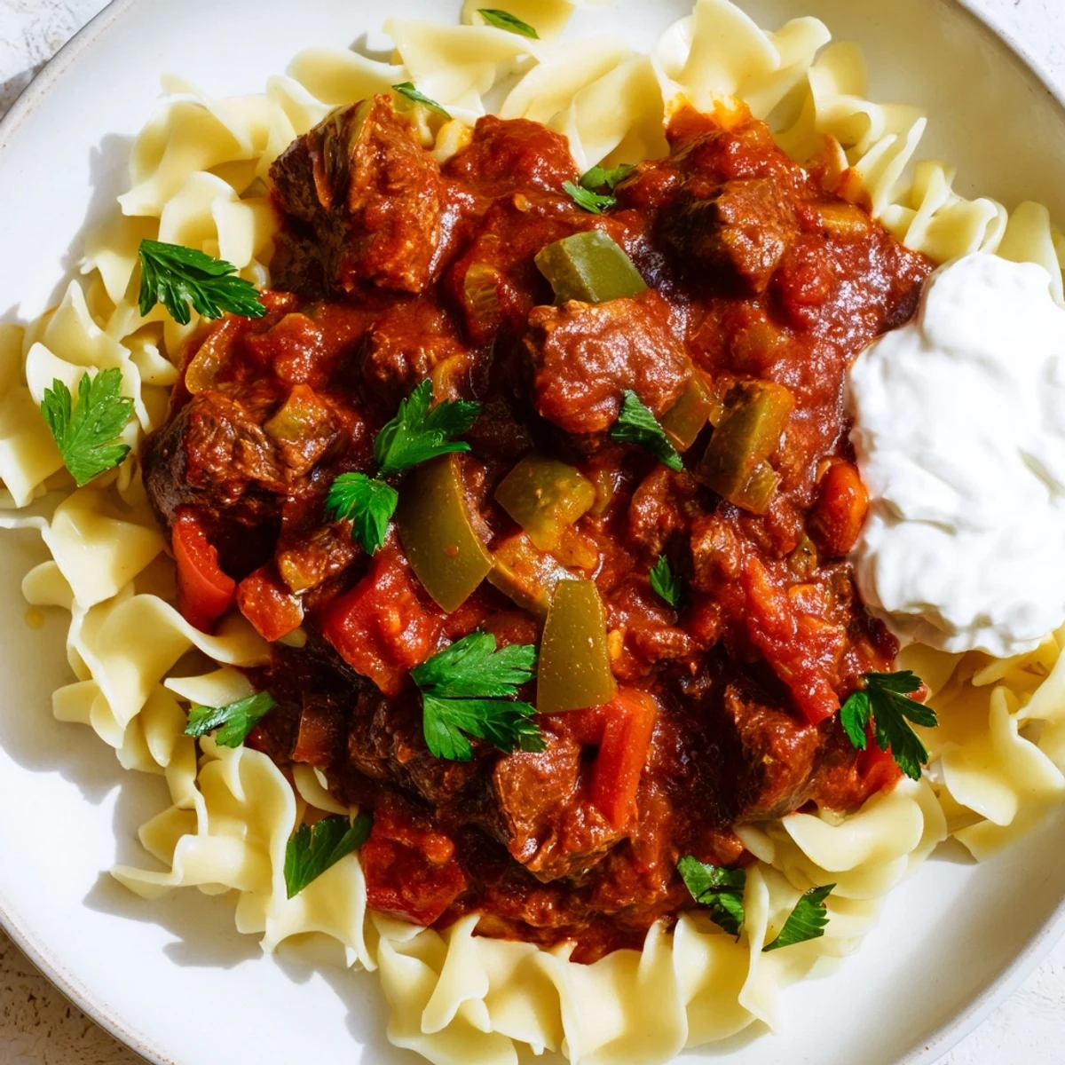 Tender beef Hungarian Goulash, infused with paprika, served atop fluffy buttered egg noodles.