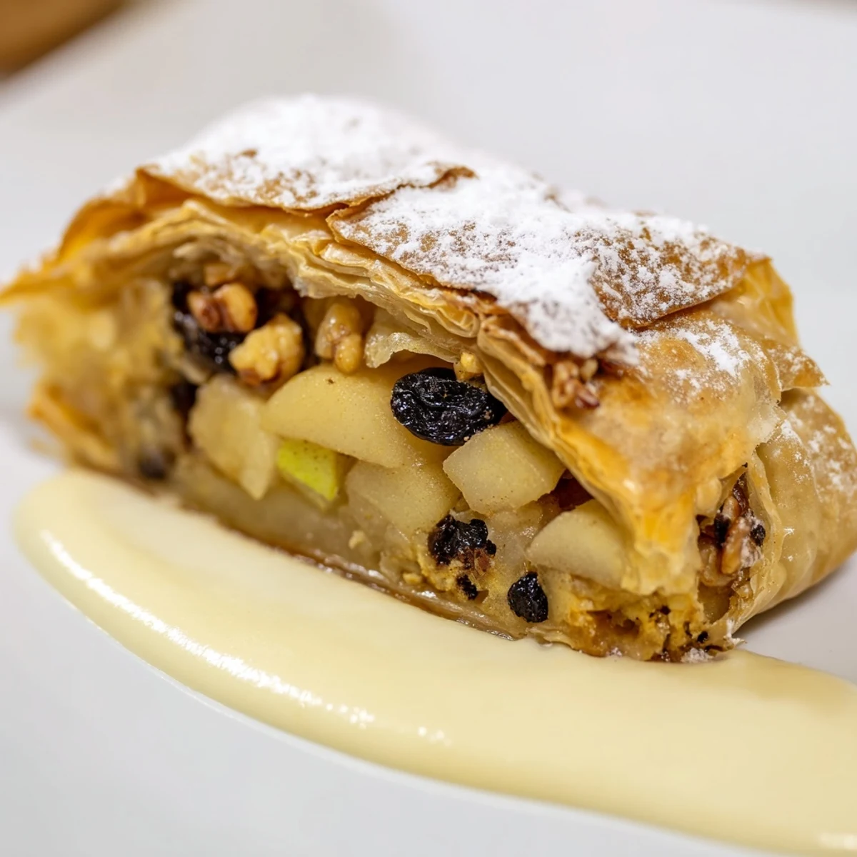 Golden brown Apple Strudel, flaky pastry filled with spiced apples, ready to be sliced and served.