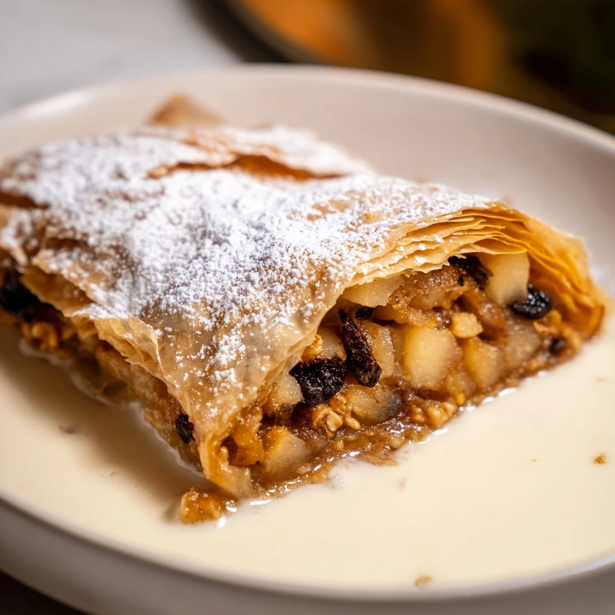 A warm slice of Apple Strudel with creamy vanilla sauce, a perfect comforting dessert for autumn evenings.