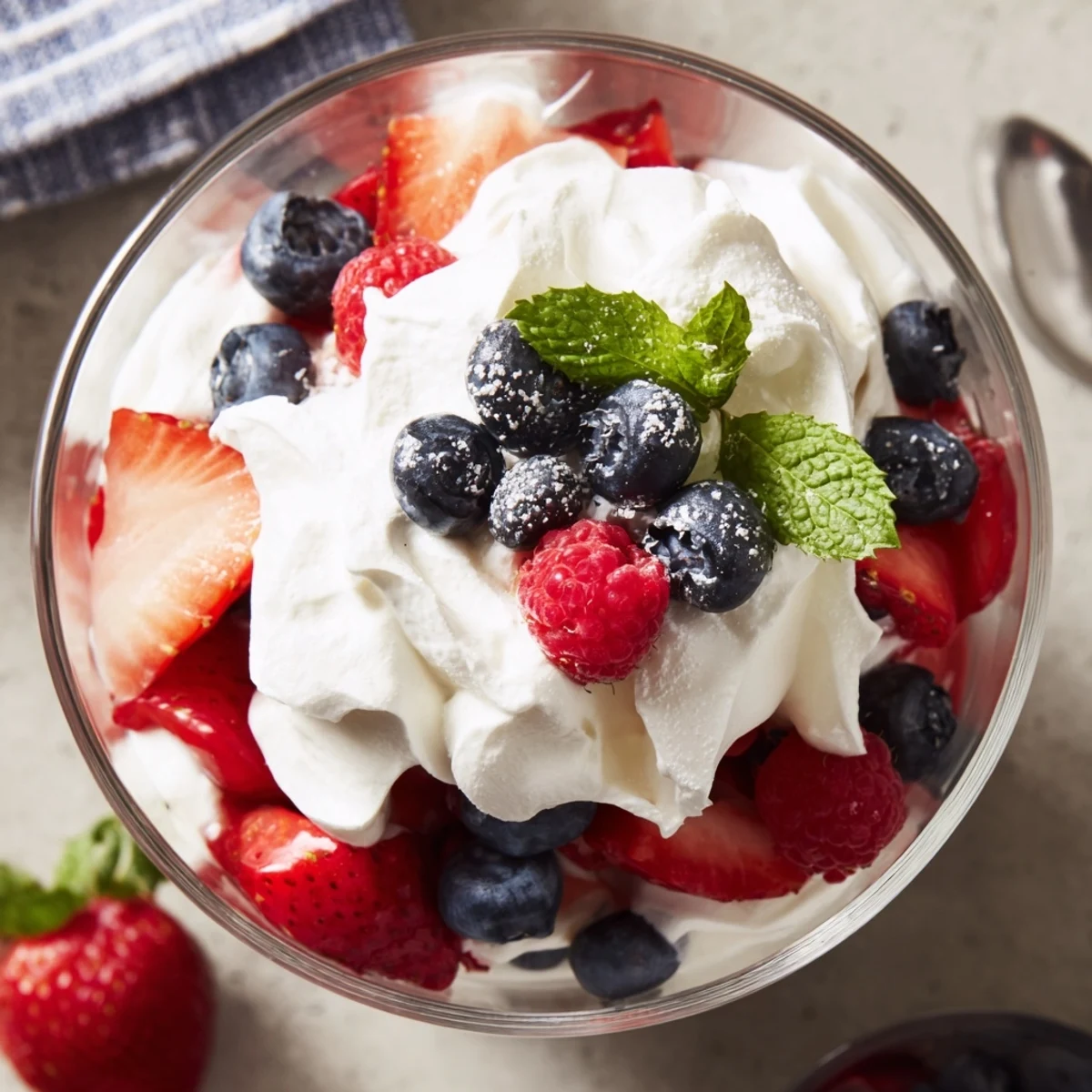 A close-up of a layered berry parfait, a refreshing no-cook dessert with whipped cream.