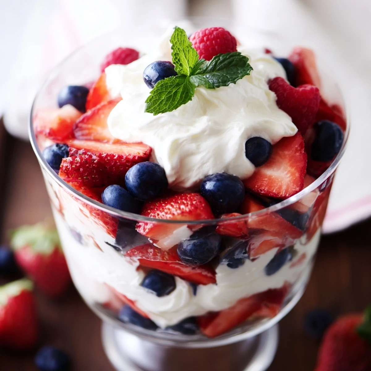 Sweet, mixed berry parfait: a delightful layered dessert with fresh berries and rich whipped cream.