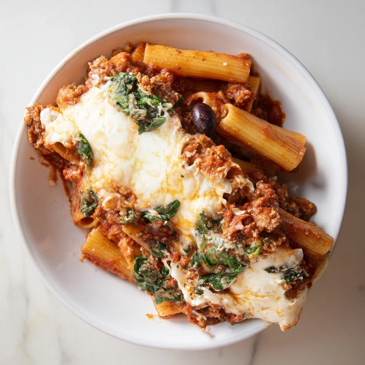 Delicious Olive Baked Ziti with creamy ricotta and spinach, perfect for a hearty vegetarian meal.