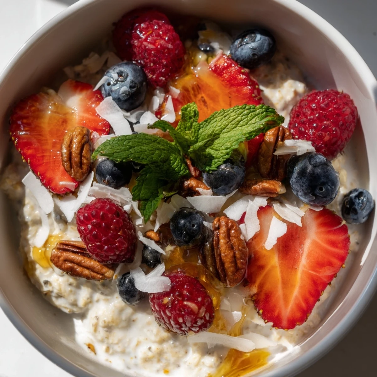 Creamy overnight oats with berries and honey, a refreshing breakfast, drizzled with golden honey and fresh berries.