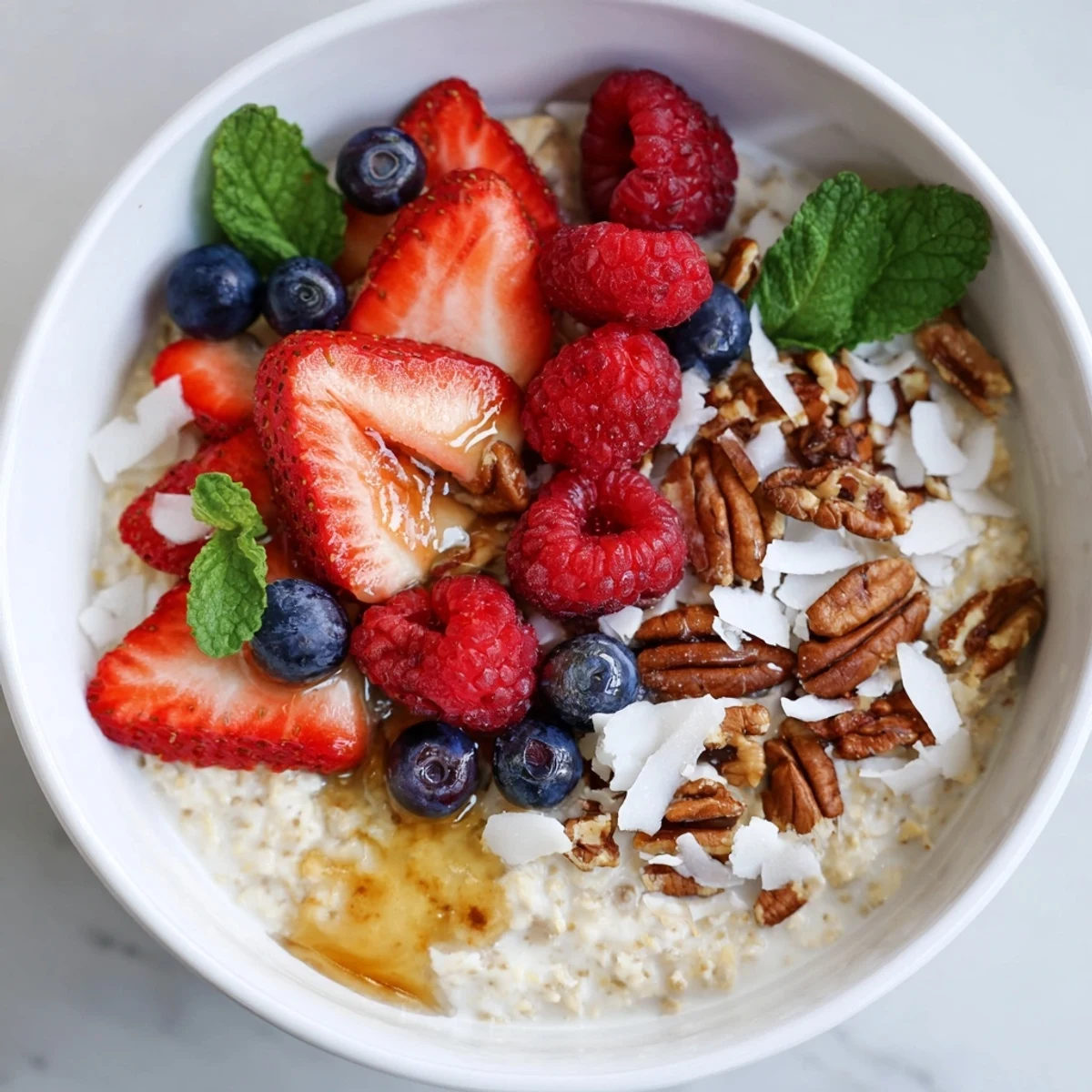 A visually appealing breakfast bowl of overnight oats with berries and honey, perfect for a healthy start.
