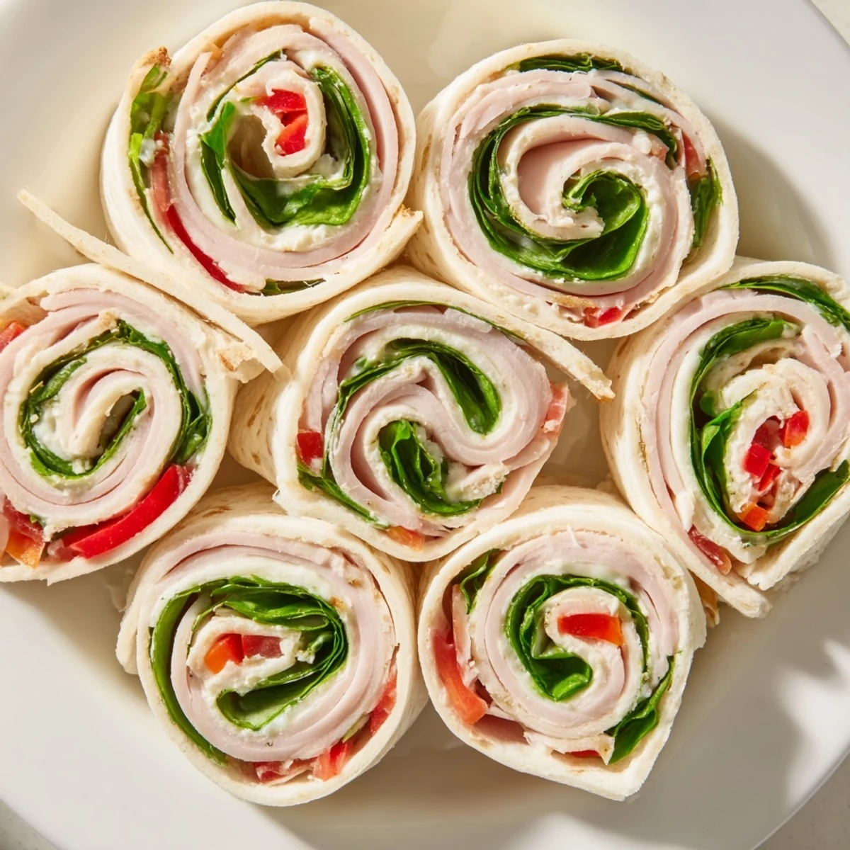 Bite-sized Turkey and Provolone Pinwheels reveal a delightful spiral cut, perfect for snacking.