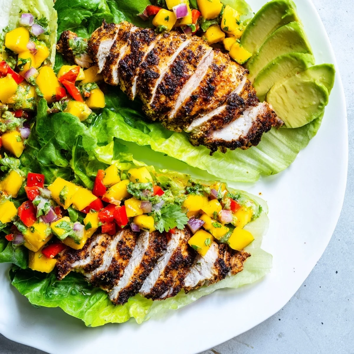 Grilled chicken and mango salsa lettuce wraps: a colorful, healthy meal with fresh, vibrant flavors.