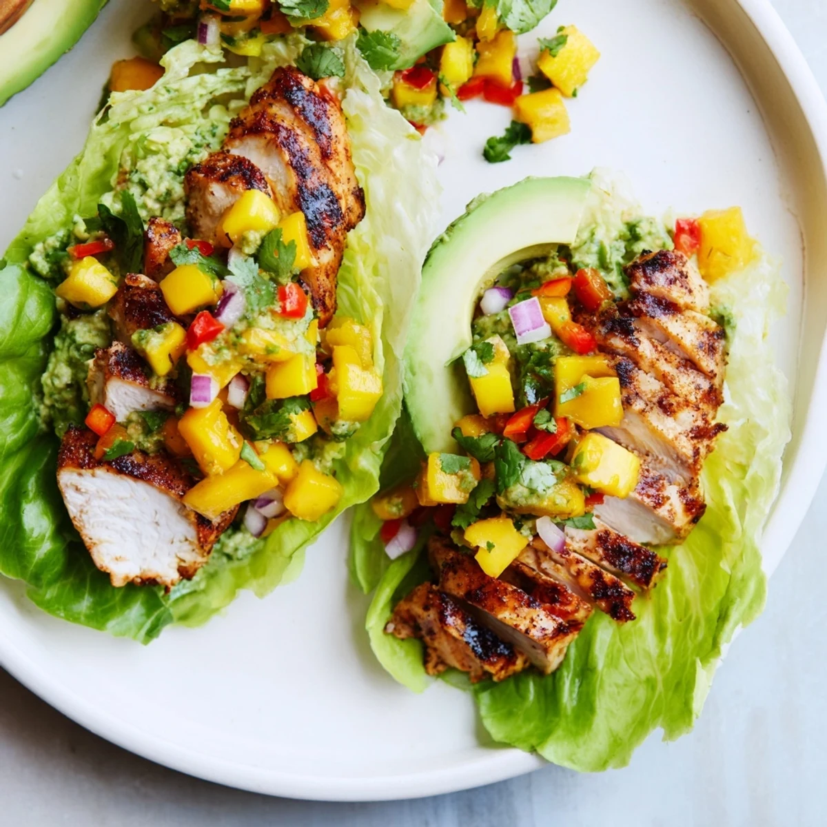 Juicy grilled chicken and sweet mango salsa served up in cool lettuce wraps; a light, delicious dinner.