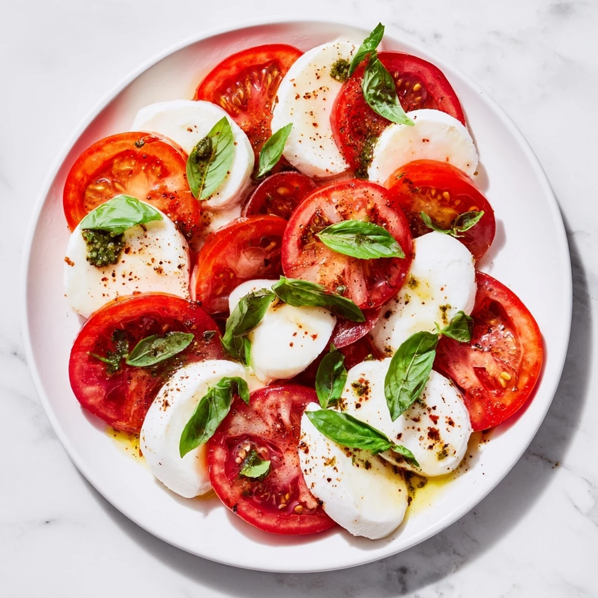 Bright red tomatoes and creamy mozzarella in this Caprese salad drizzled with vibrant basil vinaigrette.