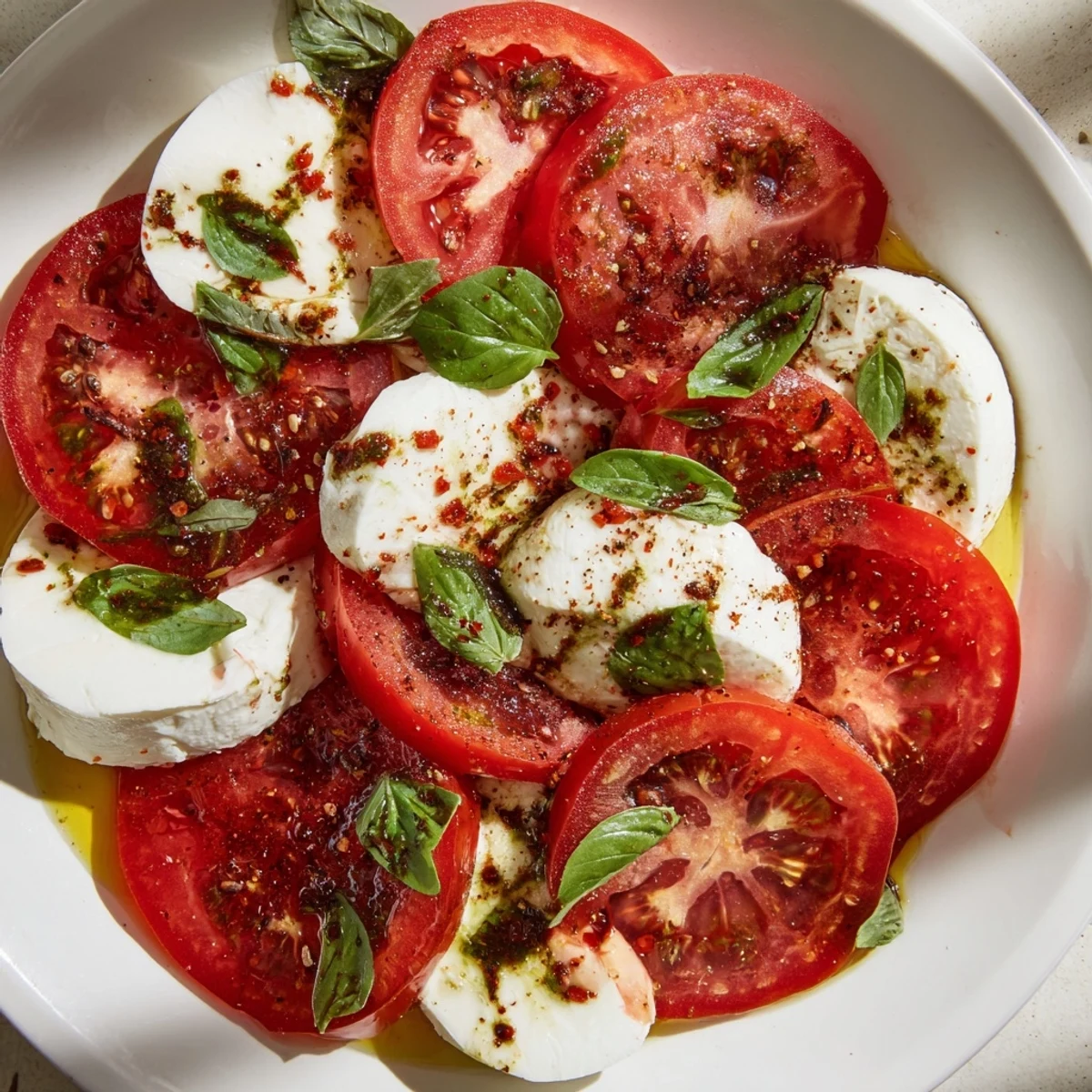 A beautiful Caprese salad, showcasing juicy tomatoes and soft mozzarella, ready to be enjoyed.