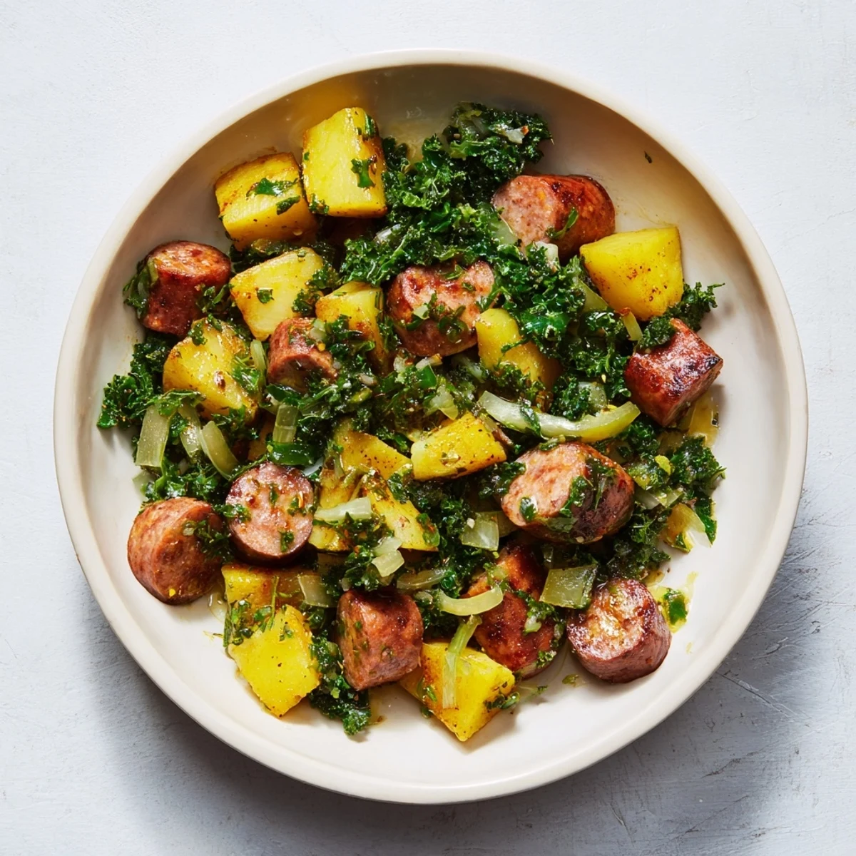 Golden-brown kielbasa and cabbage hash sizzling in a cast-iron skillet, perfect for a cozy supper.