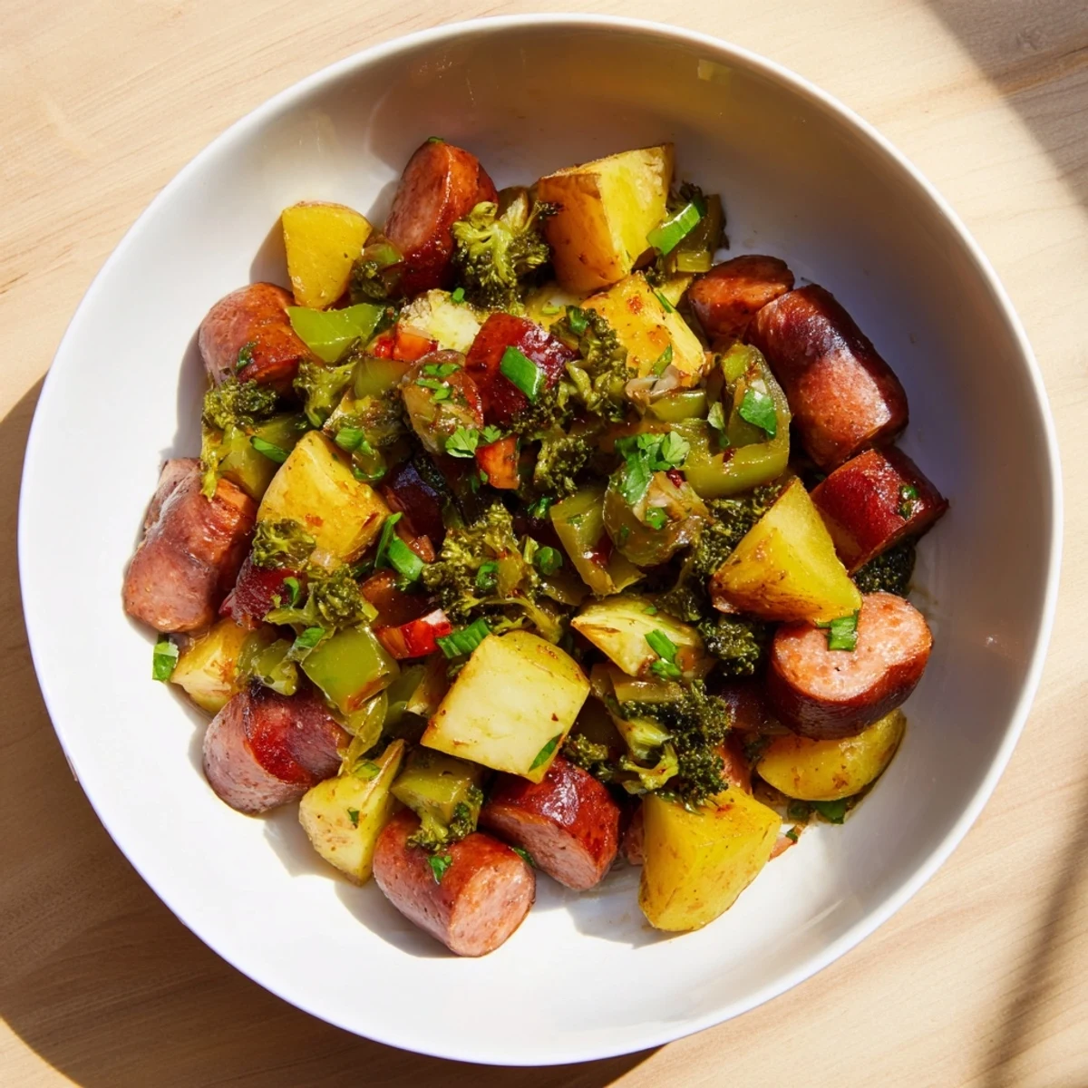 Hearty Rustic Flint-Style Skillet Plate: Kielbasa and Cabbage Hash with fresh parsley, great with mustard.