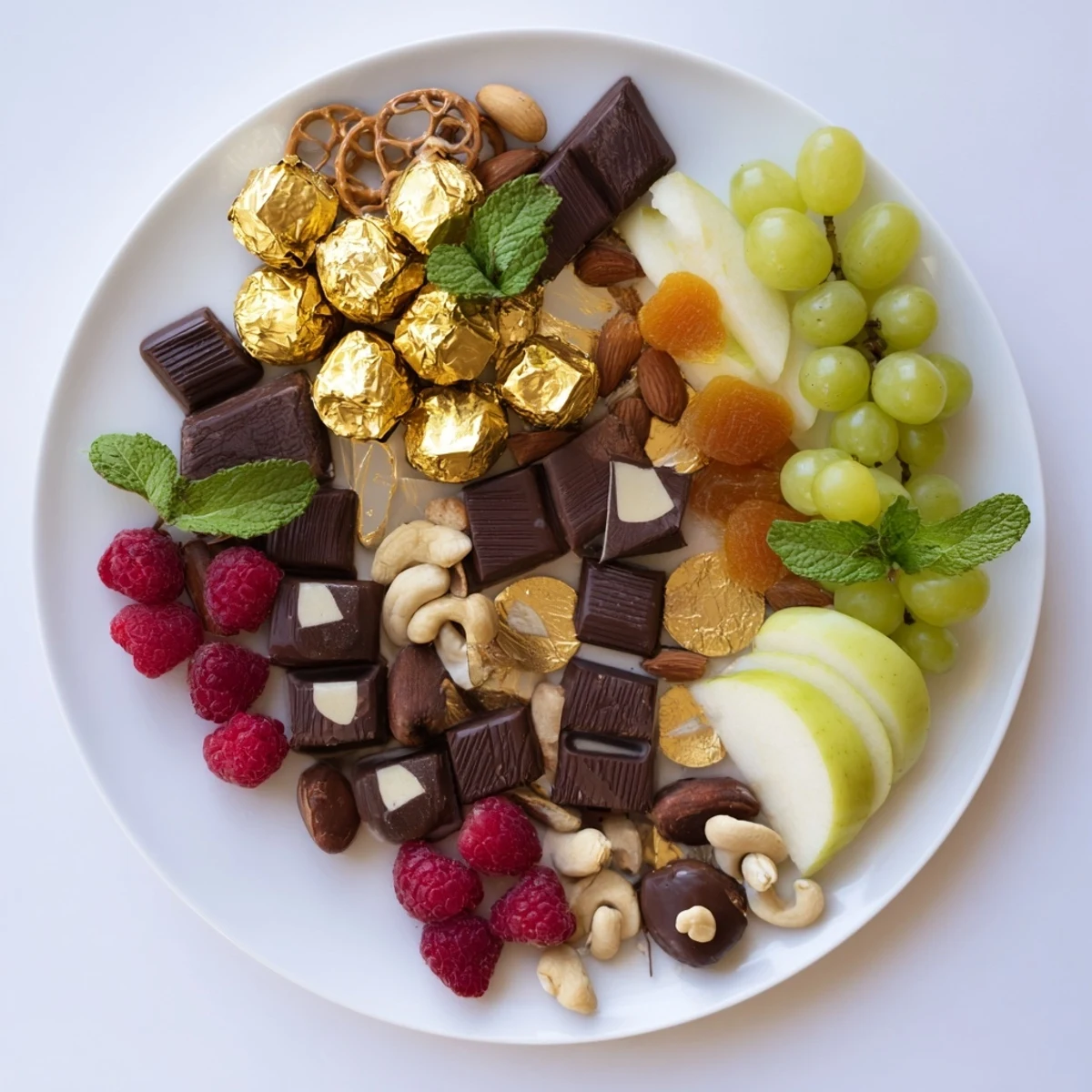 A glamorous New Year's Gold Foil Wrapped Chocolate Board, overflowing with festive treats and fresh fruit.