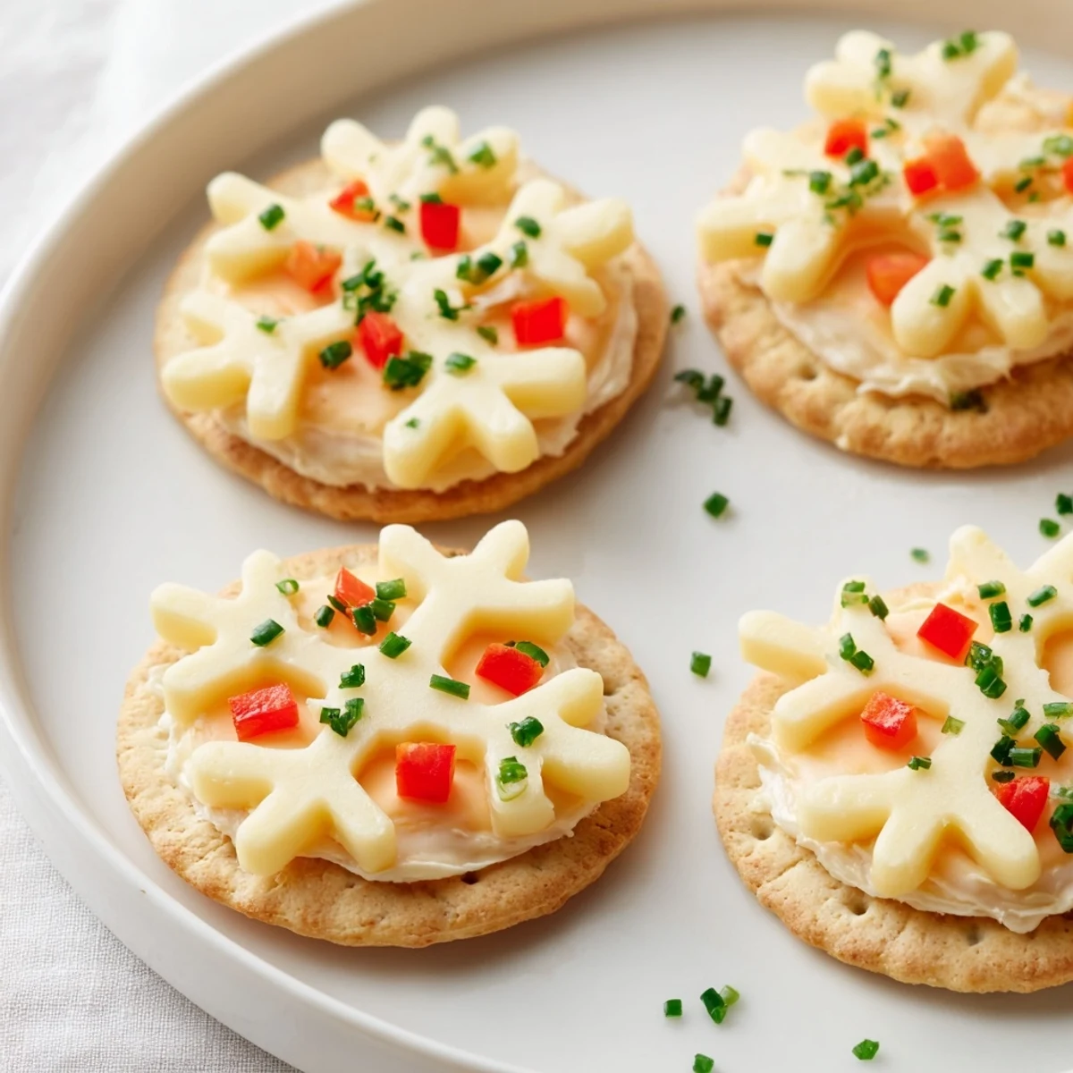 Close-up of elegant Savory Bites: Cracker and Cheese Snowflake, perfect for a party, featuring colorful garnishes.