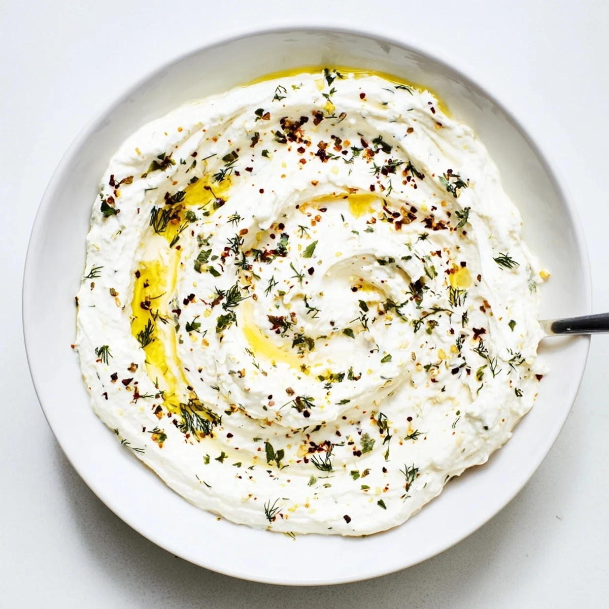 Creamy Angel Wings Whipped Feta Dip, drizzled with honey, ready for dipping pita chips.
