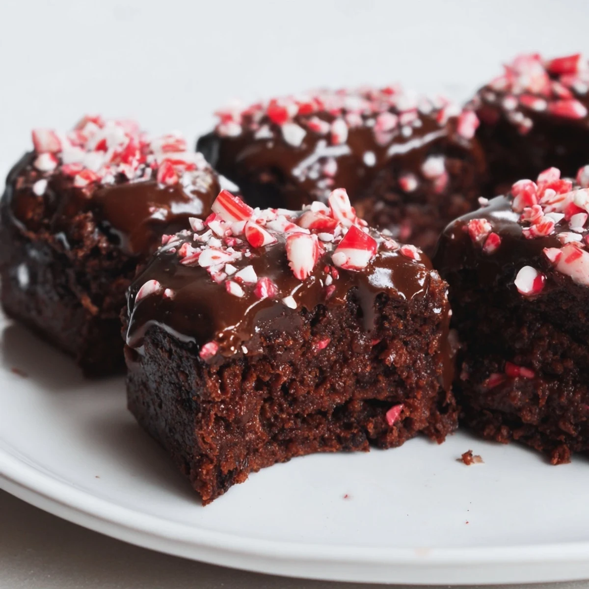 Warm Peppermint Mocha Brownie Bites, drizzled in rich chocolate glaze and sprinkled with crushed peppermint.