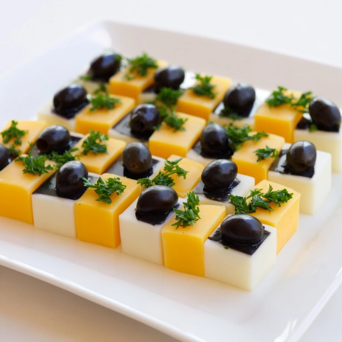 A colorful cheese and olive chess board appetizer, ready to serve at your next party.