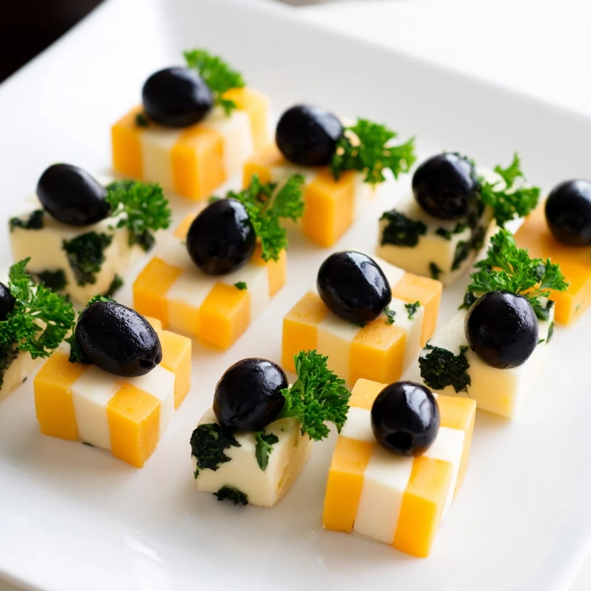 Salty green and black olives are paired with cheddar and mozzarella in this cheese and olive chessboard.