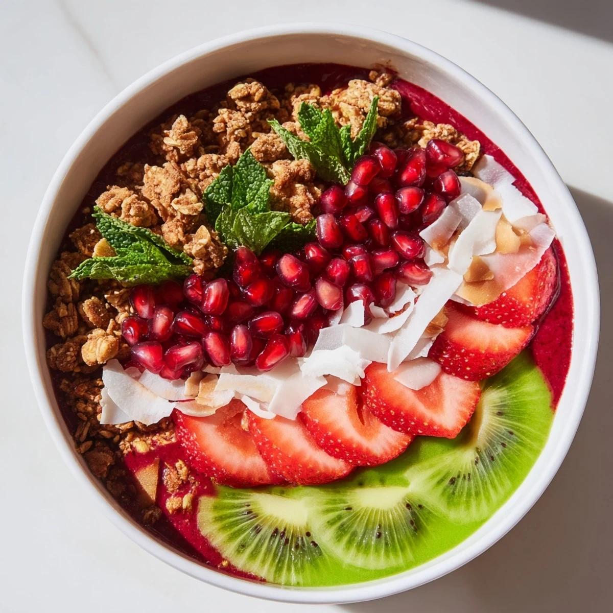 Bright red and green Festive Smoothie Bowls, layered with fresh fruit and crunchy granola, ready to enjoy.