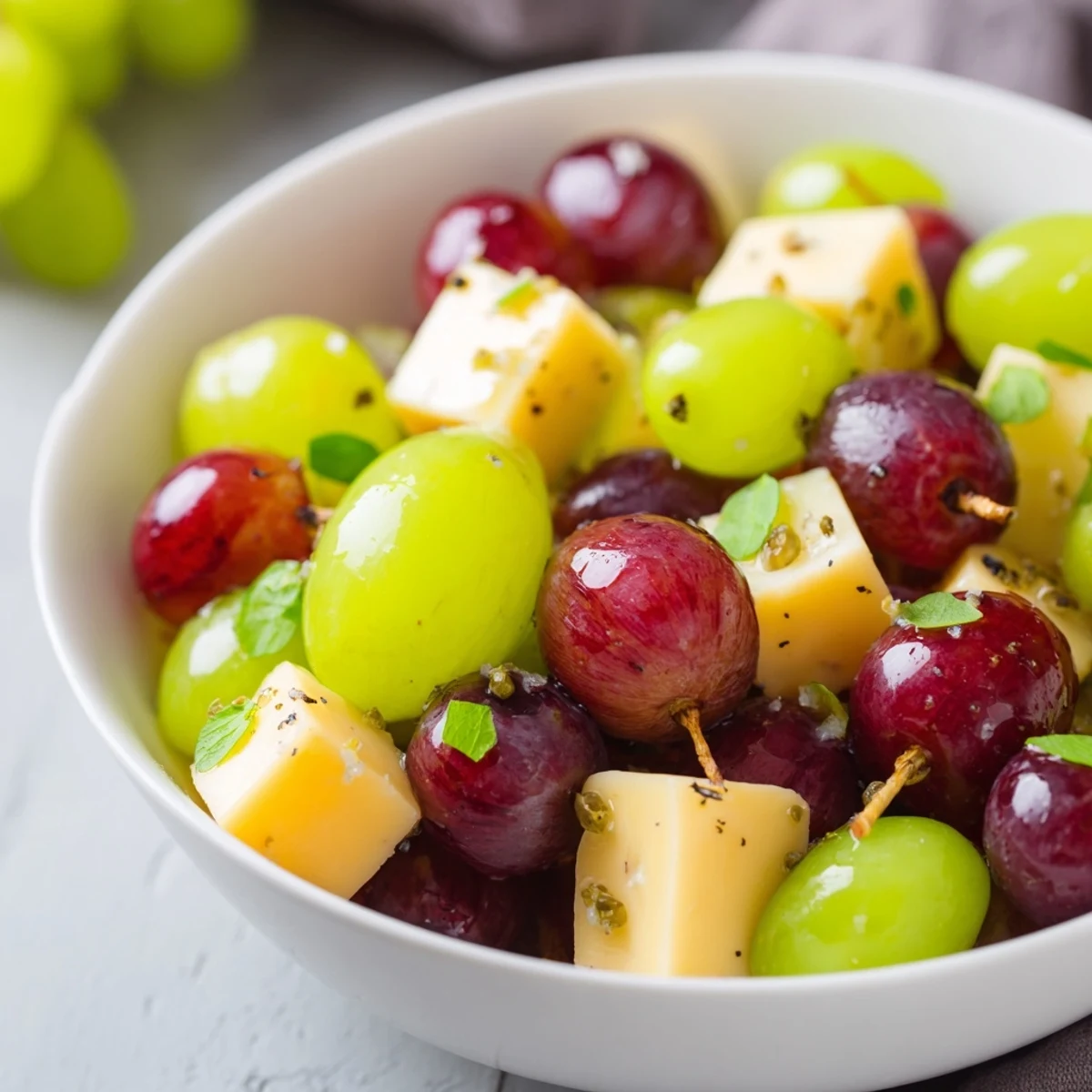 Bright red grapes and golden cheese cubes on Sparkling Grape and Cheese Skewers, a delightful party snack with fizz.