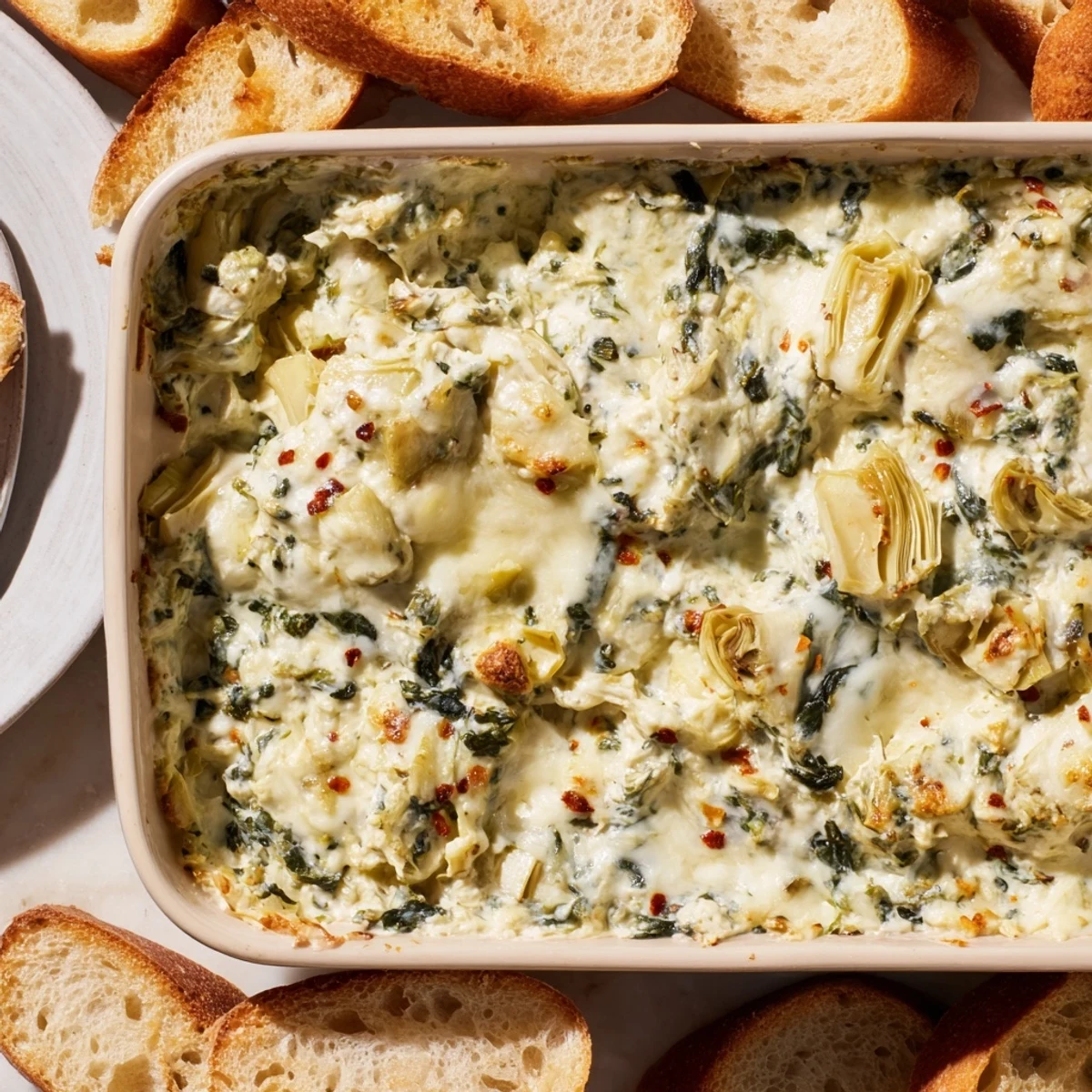 Warm, bubbly Spinach Artichoke Dip with crispy toasted baguette slices, a perfect appetizer.