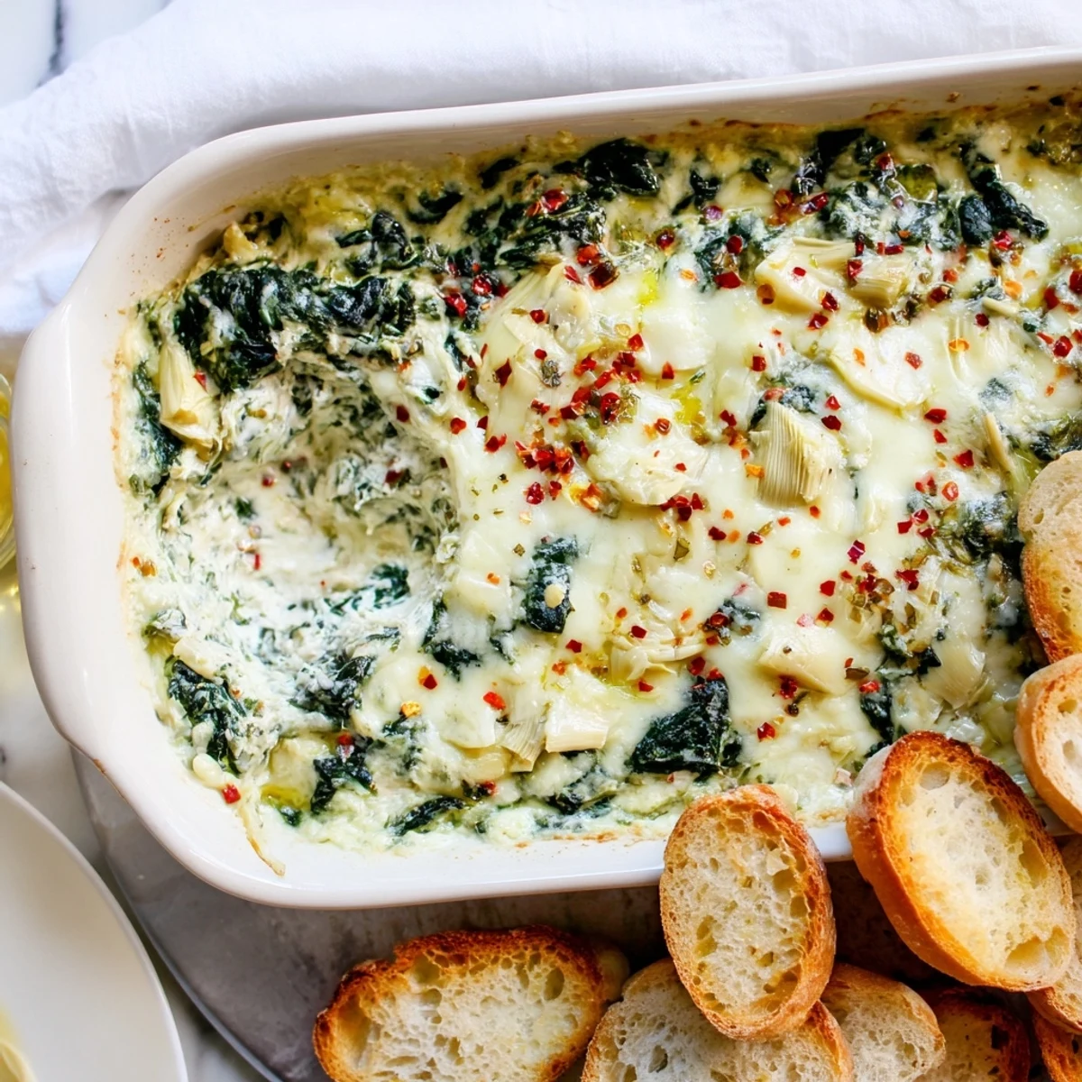 Creamy Spinach Artichoke Dip, fresh from the oven, served alongside golden-brown baguette crisps.