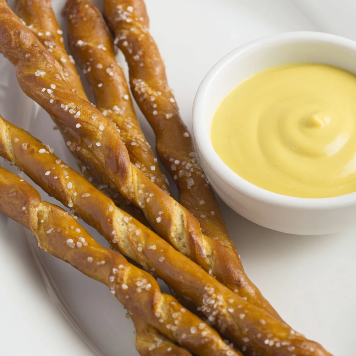 Golden pretzel rods ready to dip in a vibrant bowl of zesty homemade hot mustard.