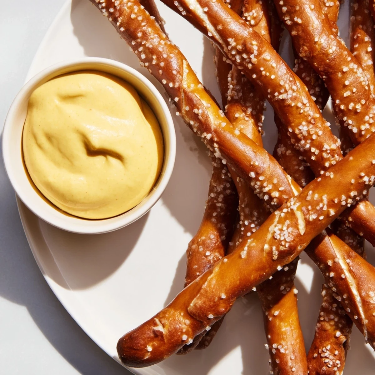 Crispy pretzel rods served with a creamy hot mustard dip, perfect for sharing at a gathering.