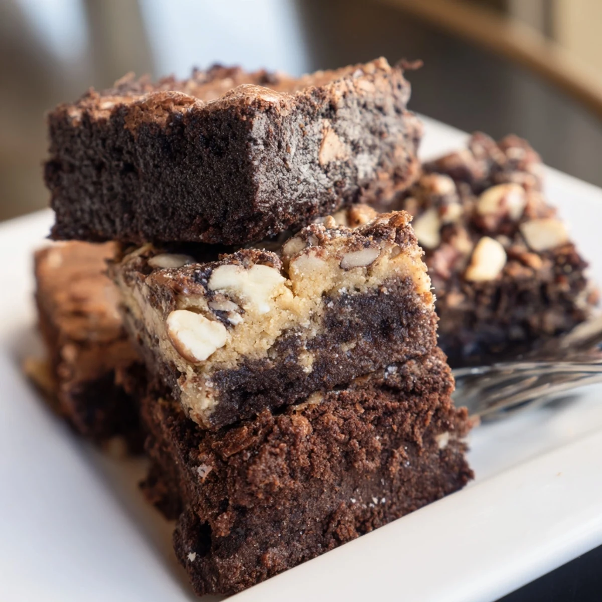 Sweet, tempting close-up of delicious brownie and blondie squares, perfect for a cozy dessert.