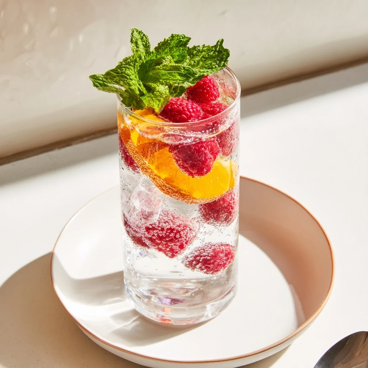 Refreshing Sparkling Juice with Raspberries, garnished with mint, ready for a festive toast.