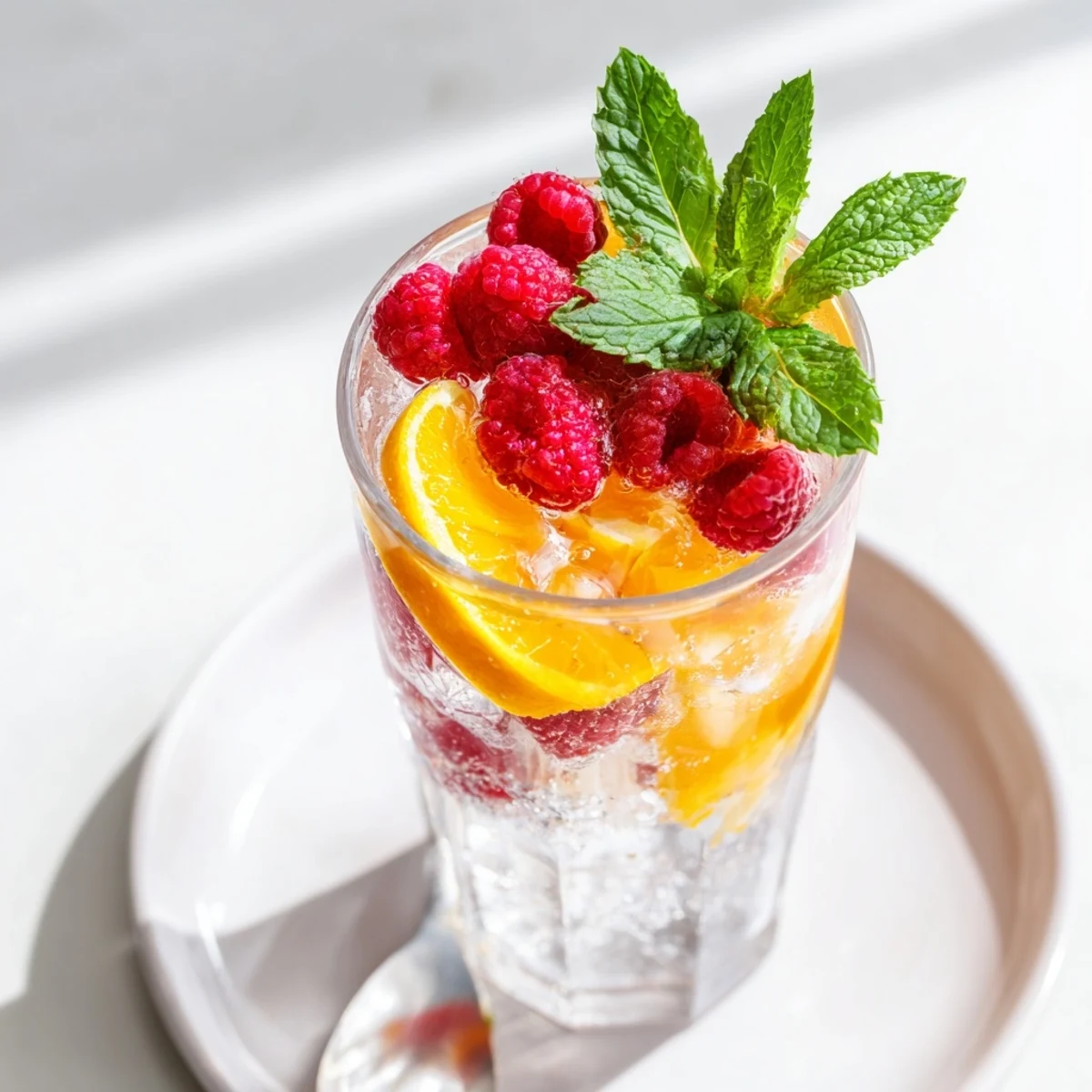 Close-up of Sparkling Juice with Raspberries, showing glistening raspberries and orange slices.