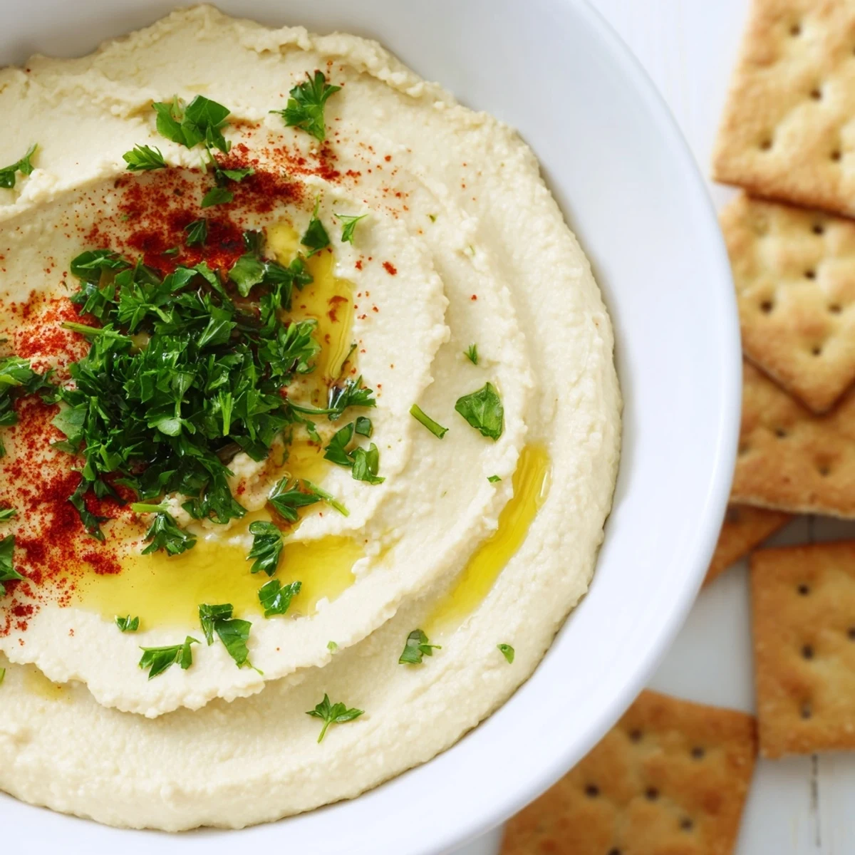 Golden-brown Holiday Crackers made with rosemary, served alongside creamy, vibrant hummus.