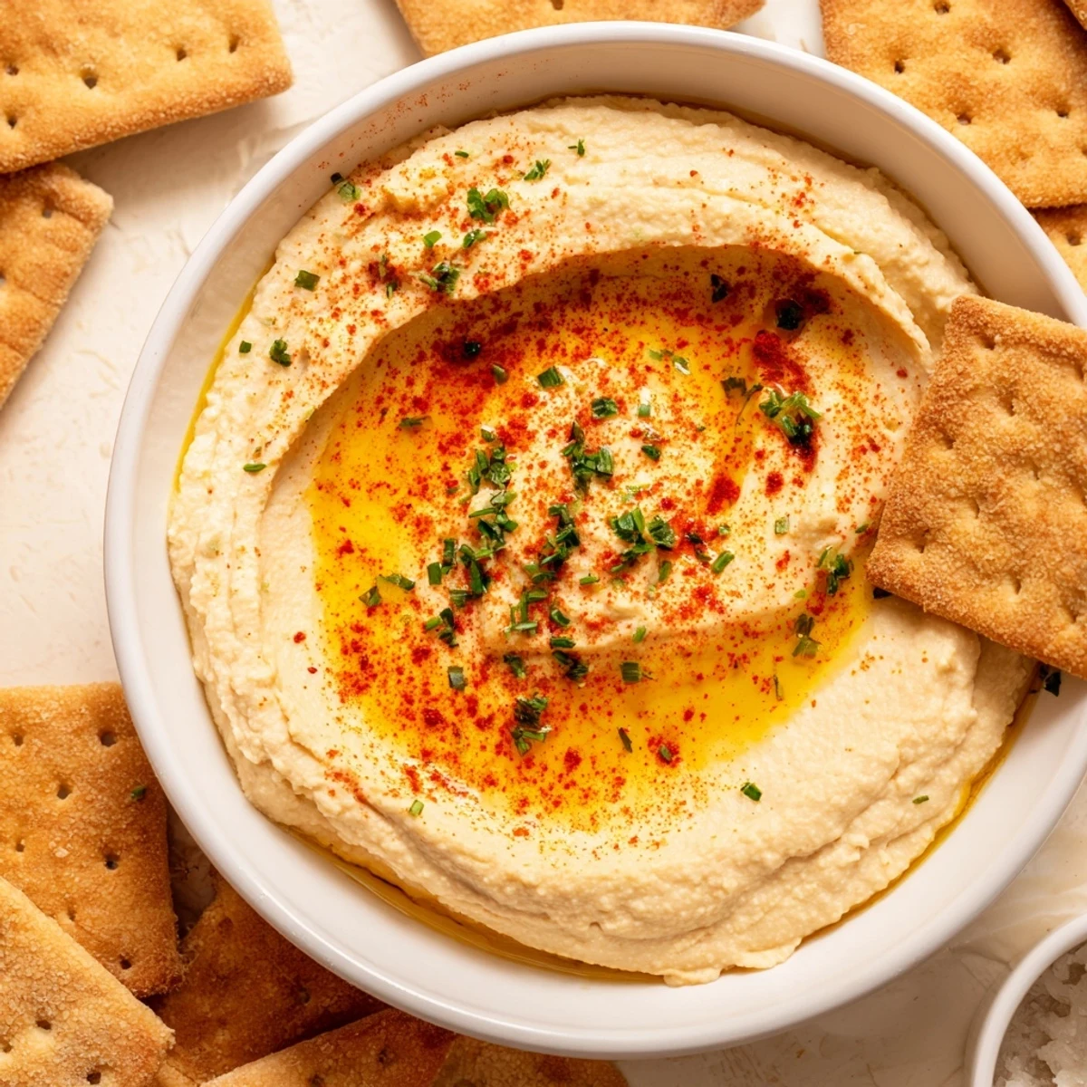 Freshly baked rosemary crackers from our recipe, presented with flavorful homemade hummus.