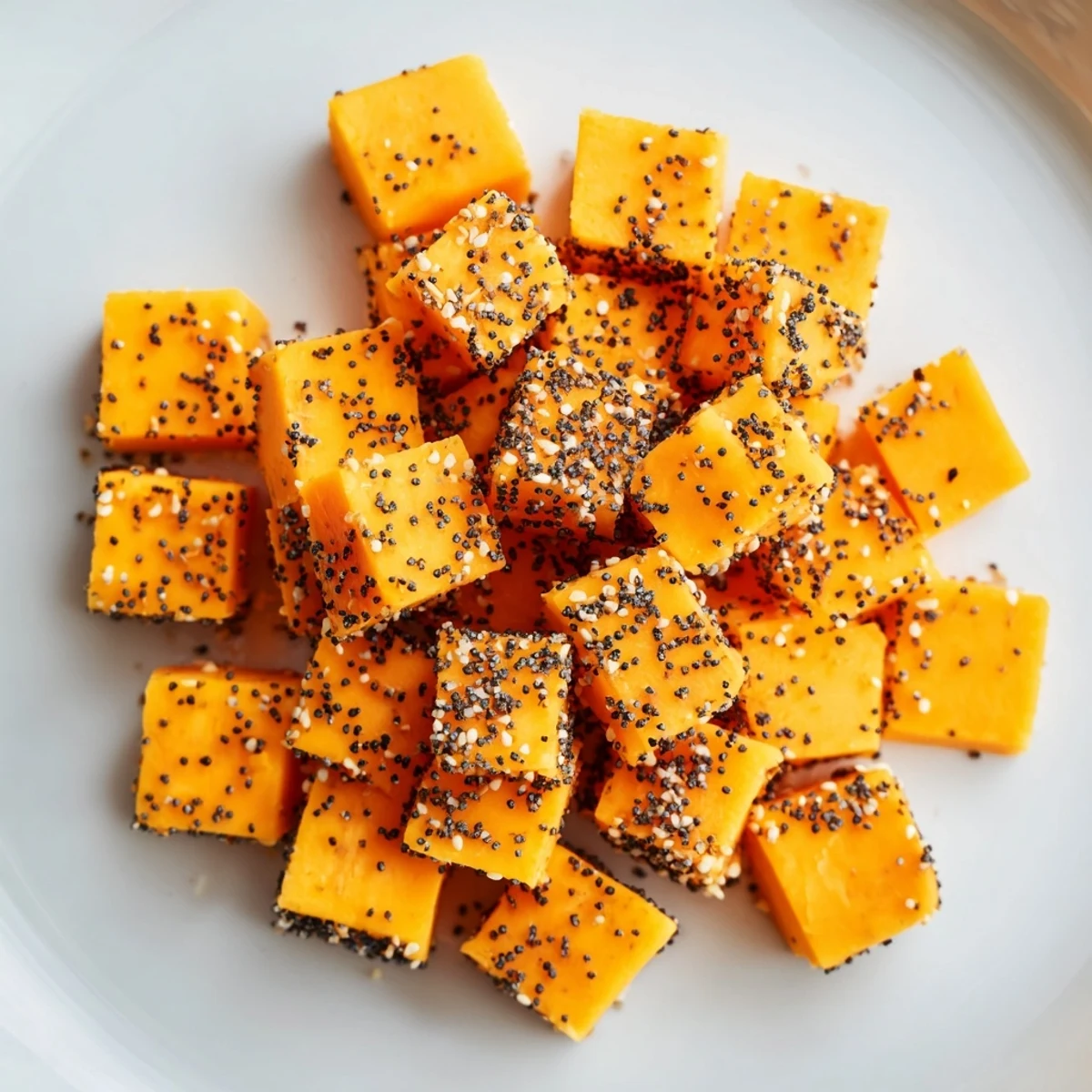Golden, everything bagel seasoning cheese cubes ready to serve as a simple, satisfying party appetizer.