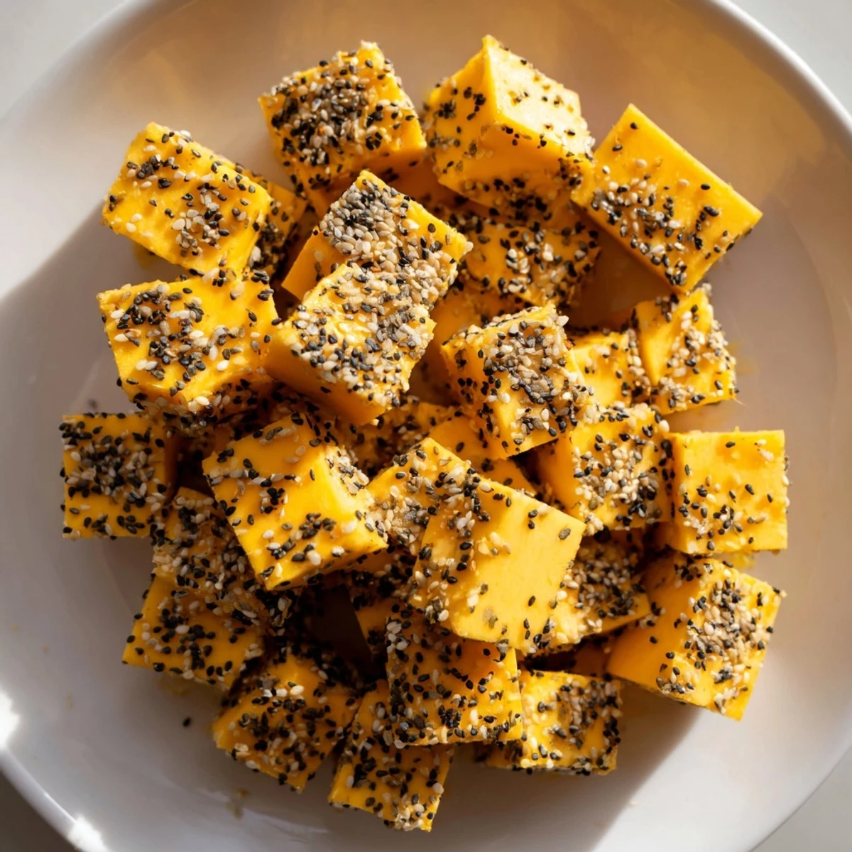Vibrant, speckled everything bagel seasoning coats these savory cheese cubes, ideal for a quick, gluten-free snack.