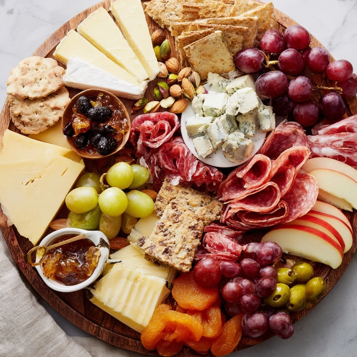 Elegant Gilded Edge cheese board brimming with colorful cheeses, meats, fruits, and olives, ready to serve.